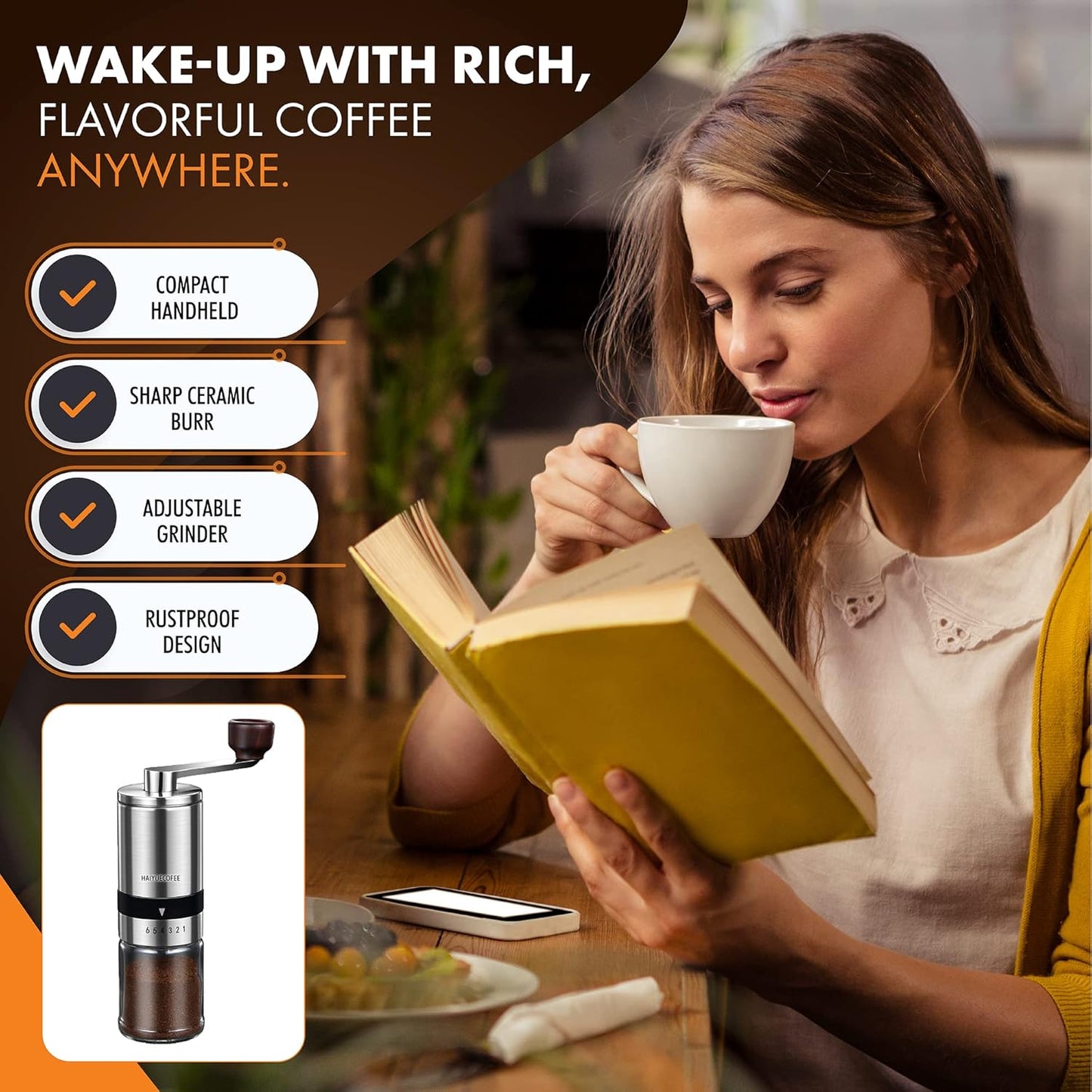 Manual Coffee Grinder with 6 Adjustable Coarseness Settings, Hand Crank Coffee Mill with Ceramic Burr for Espresso Beans, French Press, Pour Over, Drip Coffee – Rustproof, Non-Dulling