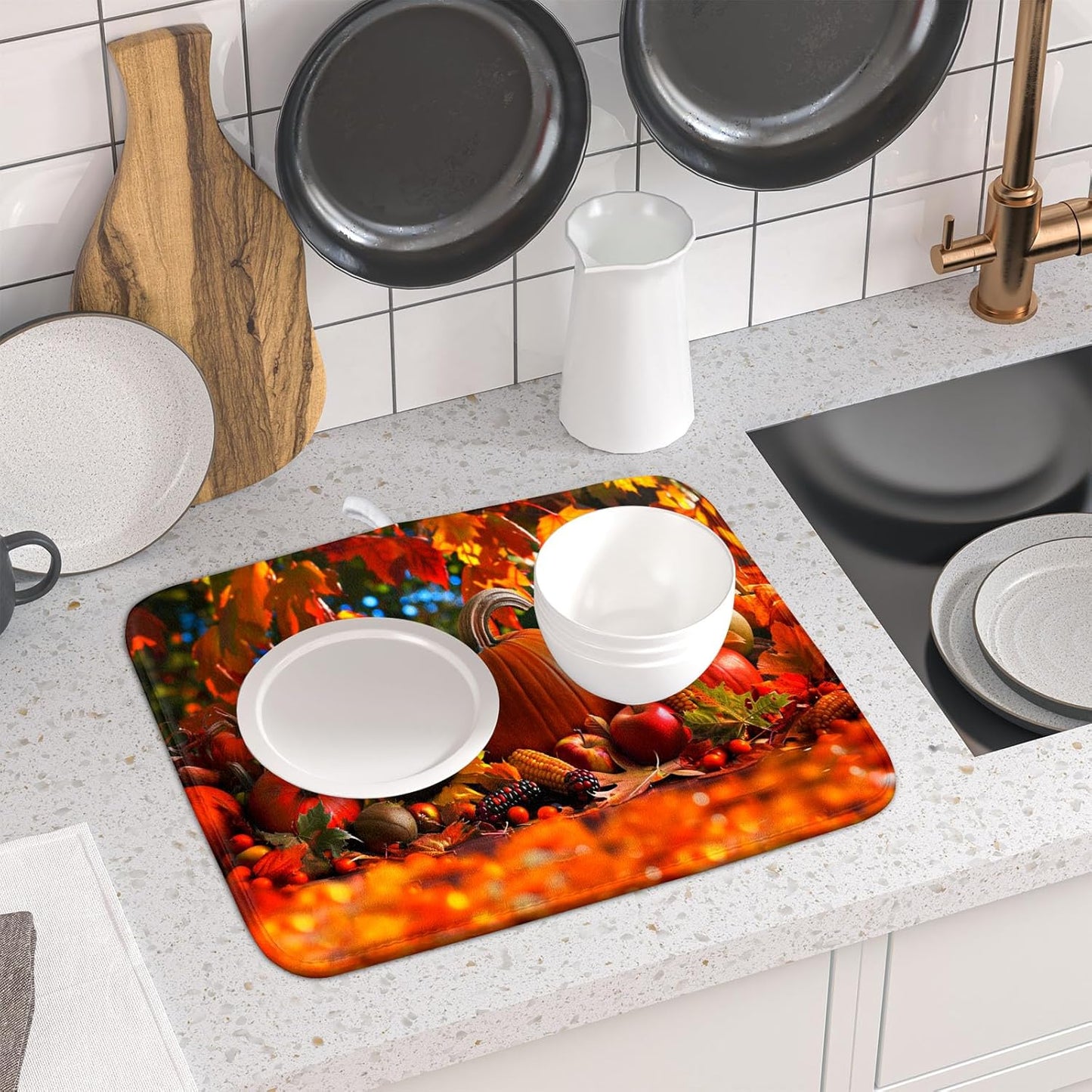 Fall Harvest Pumpkin Dish Drying Mat for Kitchen Counter,Thanksgiving Maple Leaves Sunflower Drying Mat 16 x 18 Inch with Absorbent Reversible Microfiber Dish Drying Pad for Coffee Bar