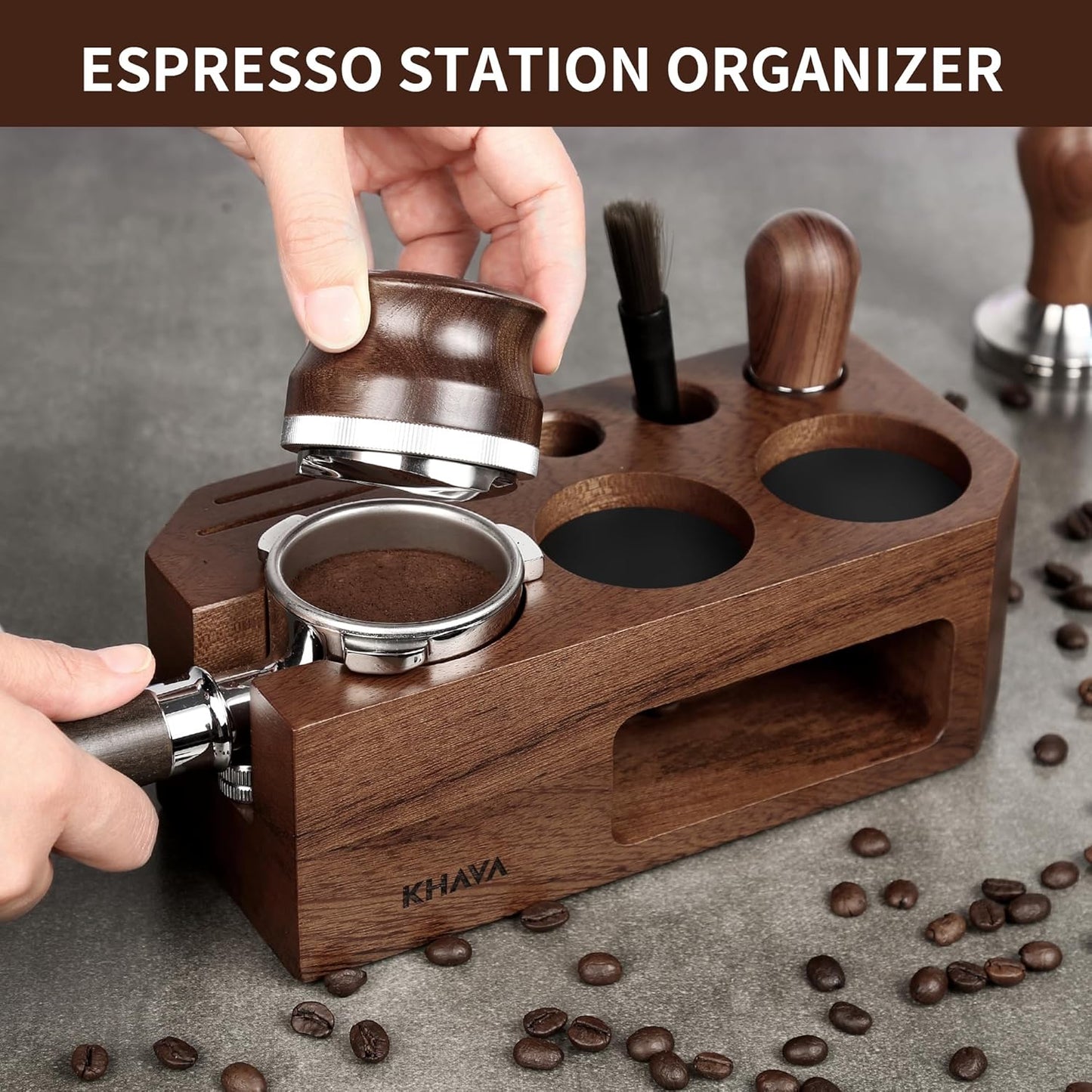 KHAVA Espresso Tamping Station | Wooden Coffee Tamper Station 51-54 mm | Espresso Organizer & Portafilter Holder | Coffee Station Organizer for Countertop | Espresso Accessories for Coffee Bar, Brown