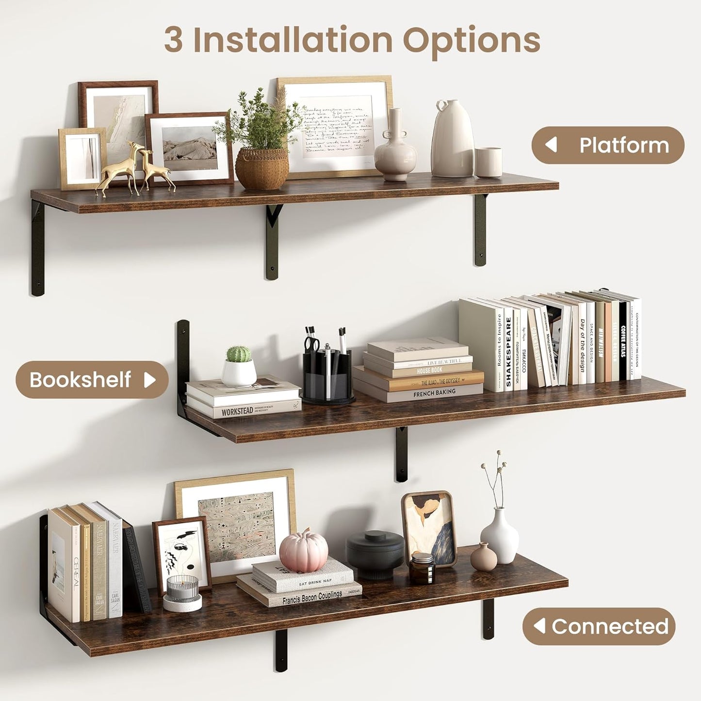Fun Memories Rustic Brown 12 Inch Deep Floating Shelves Set of 2, Wall Mounted Shelf with Metal Brackets, Rustic Wood Wall Shelf for Bathroom, Kitchen and Living Room