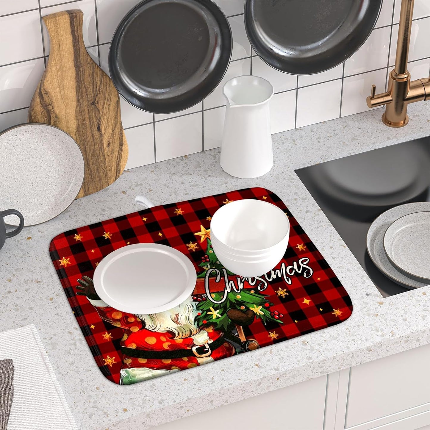 Merry Christmas Santa Claus Red Buffalo Plaid Dish Drying Mat for Kitchen Counter,Winter Snowflake Xmas Tree Drying Mat 16 x 18 Inch with Absorbent Reversible Microfiber Dish Drying Pad for Coffee Bar