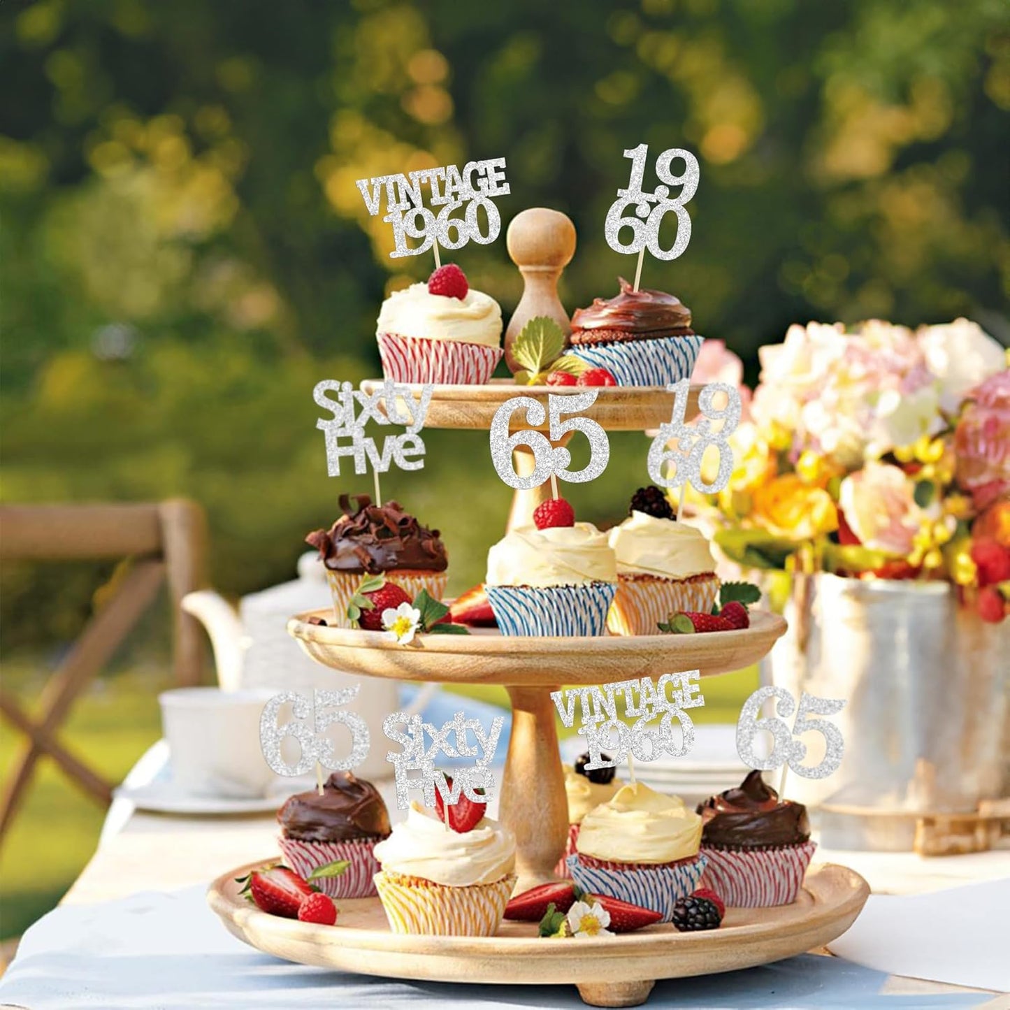 Gyufise 24Pcs 65th Birthday Cupcake Toppers Glitter Cheers to 65 Fabulous Sixty Five Vintage 1960 Cupcake Picks 65th Birthday Wedding Anniversary Party Cake Decorations Supplies Silver