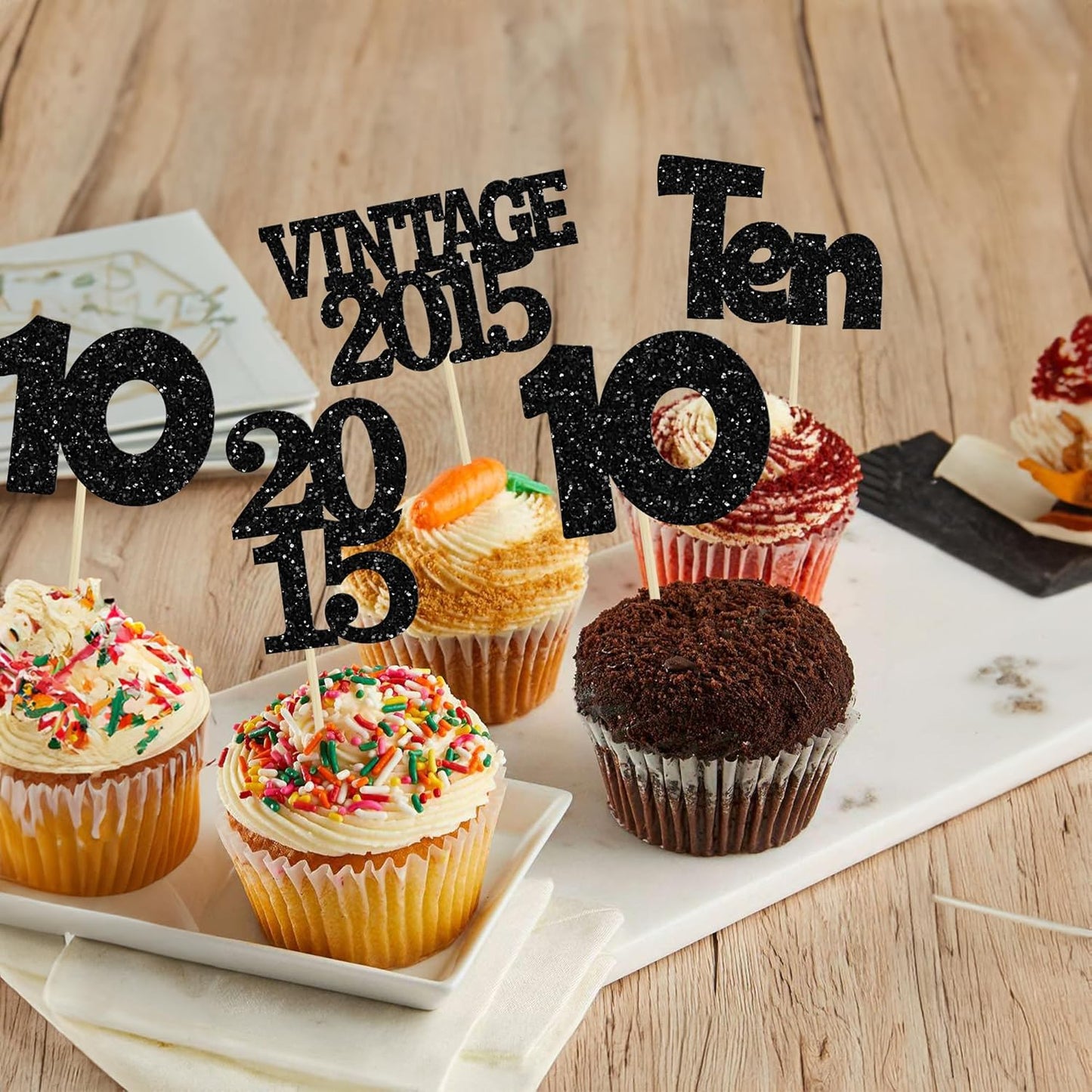 Gyufise 24Pcs 10th Birthday Cupcake Toppers Glitter Ten Vintage 2015 Double Digits 10 Cupcake Picks Hello 10 Years Birthday Cake Decorations for Happy 10th Anniversary Party Supplies Black