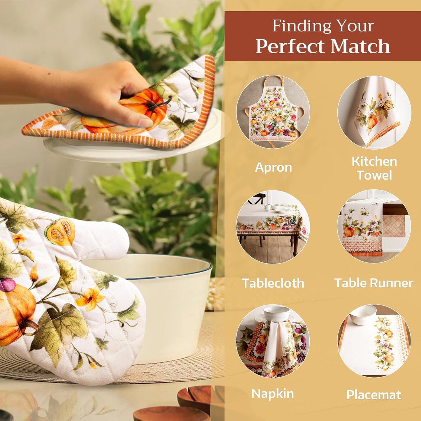 Maison d' Hermine Pot Holders set 100% Cotton Heat Resistant Potholders 8" x 8" Hot Pads with Loop BBQ, Cooking, Baking, Grilling, Kitchen, Handling Hot Pans (Pack of 2, Pumpkin Garden - Cloudy Cream)