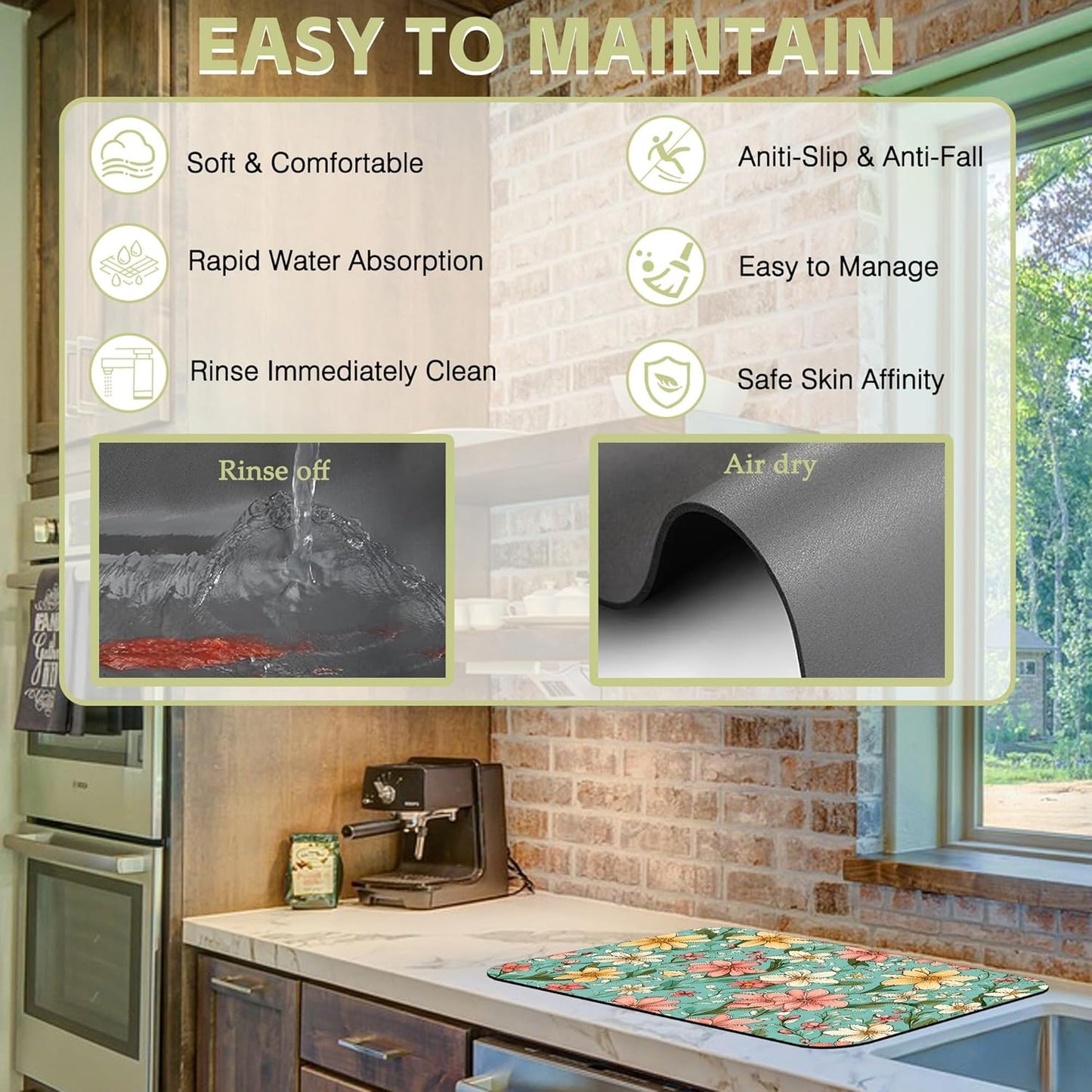 Dish Drying Mat Spring Flower Kitchen Mat 12"x19" Bsorbent Coffee Maker Mat for Dishes,Utensils Coffee Maker Pots and Pans Easy Clean Dish Slip Resistant Pad