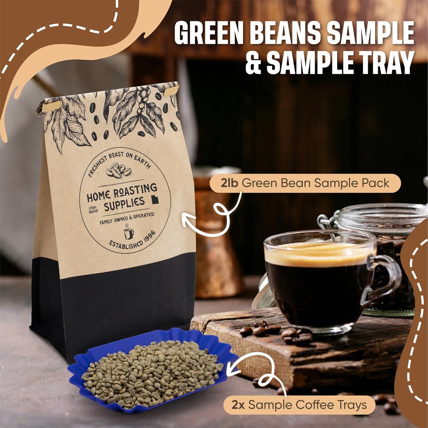 Fresh Roast Coffee Roaster Bundle SR800, Glass Extension Tube, Coffee Bean Cooler, (2 Lbs) Sample Pack of Green Beans, (2- pack) Sample trays