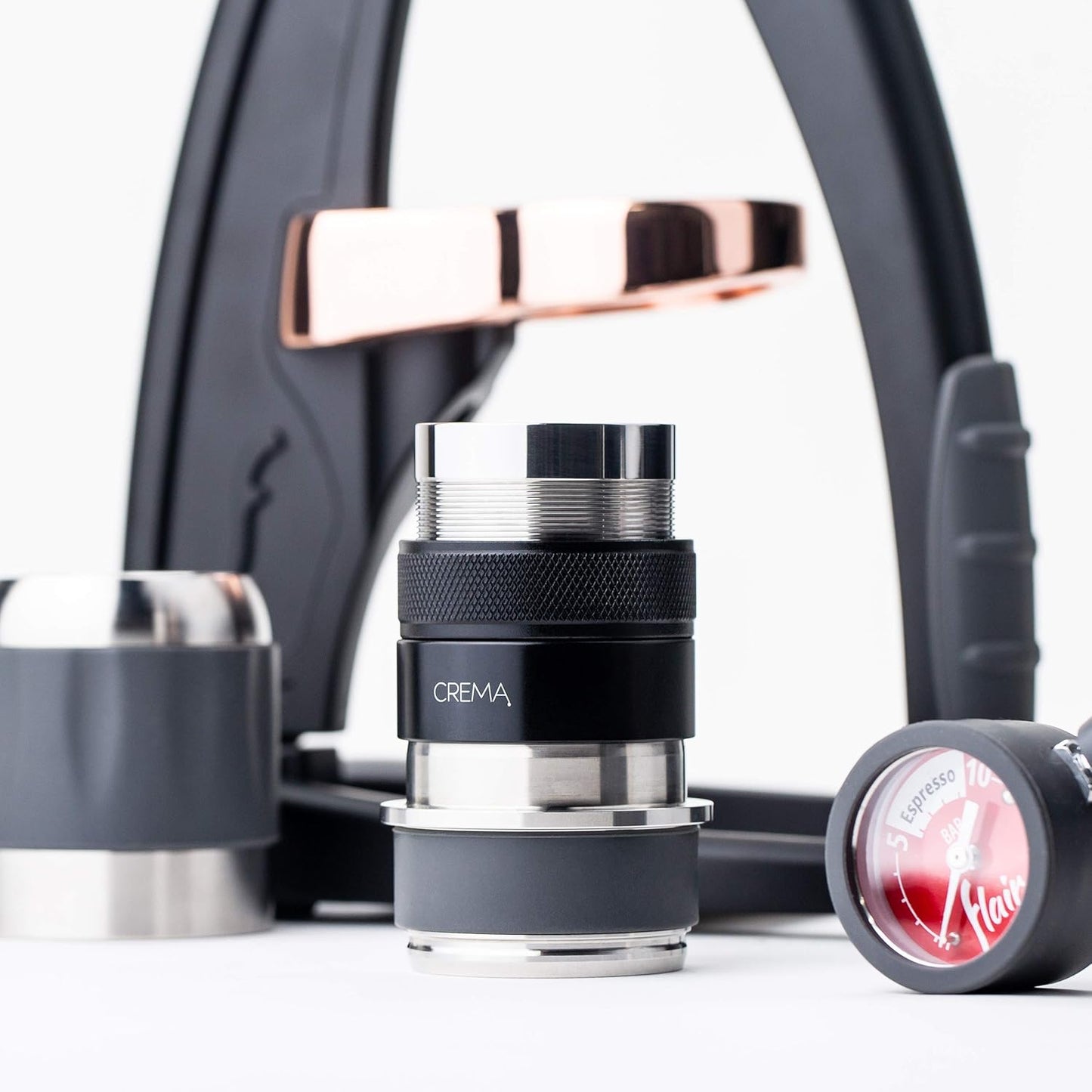 Crema Coffee Products 45.5mm Hand Tamper & Coffee Distributor V2 | Compatible with Flair Pro and Pro 2 | Double-Sided, Adjustable Depth Tool | Made with Durable 304 Stainless Steel | Black