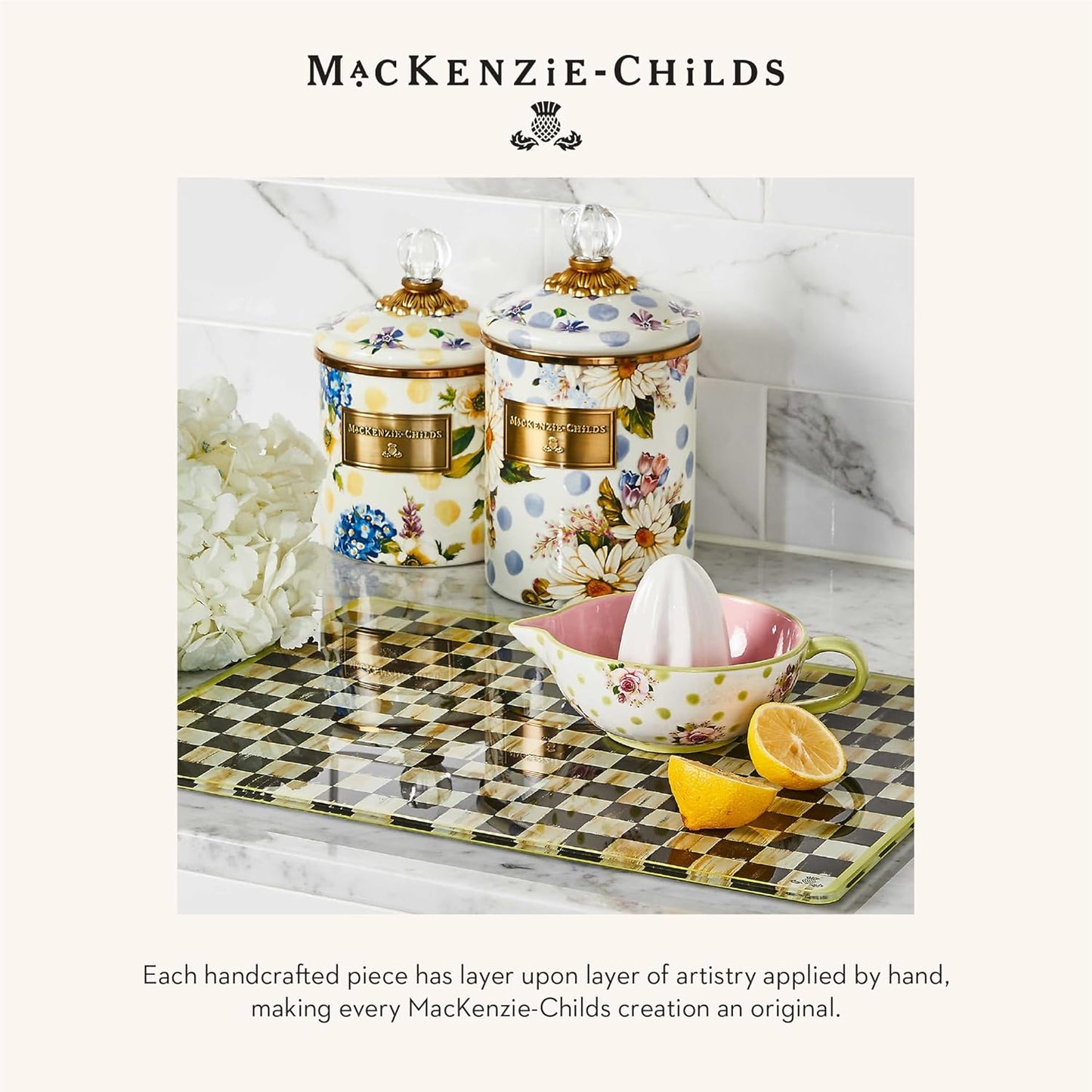 MACKENZIE-CHILDS Wildflowers Enamel Canister, Floral Kitchen Storage Container with Lid, Large