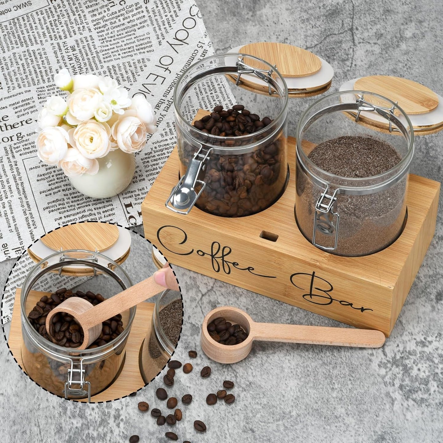 Glass Coffee Canister Set with Bamboo Shelf & Spoon - 2 Airtight Containers (47oz Each) for Coffee Beans, Ground Coffee, Sugar, Flour - Borosilicate Glass & Bamboo Lid with Silicone Seal