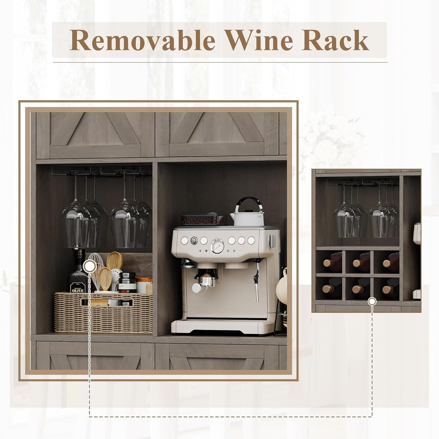 HOSTACK Kitchen Pantry Storage Cabinet, 71" Tall Food Pantry Cabinet with Microwave Stand, Farmhouse Kitchen Hutch, Coffee Bar Hutch with Wine Rack for Dining Room, Living Room, Ash Grey