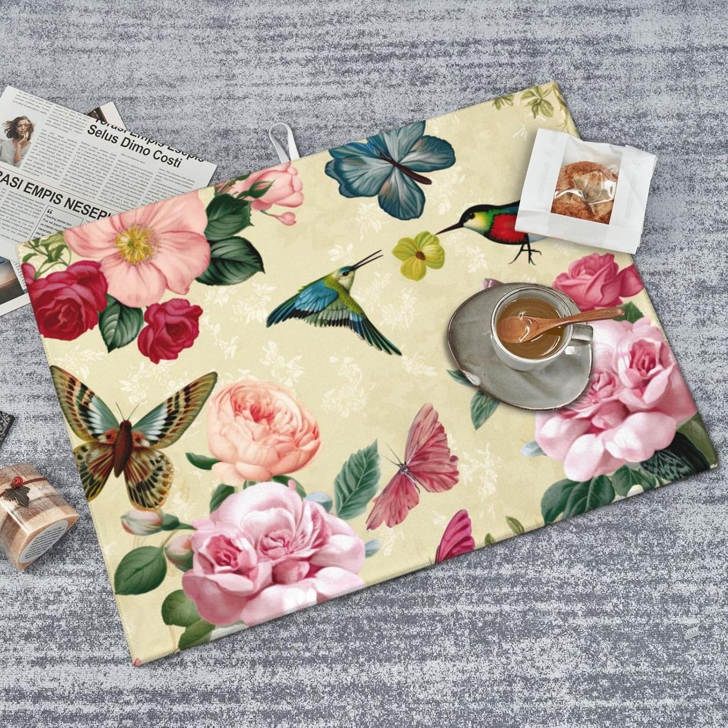 Large Dish Drying Mats For Kitchen Counter Microfiber Kitchen Drying Mat XL Draining Pad Absorbent Quick Drying Dish Mat 18x24 Inch - Birds Floral