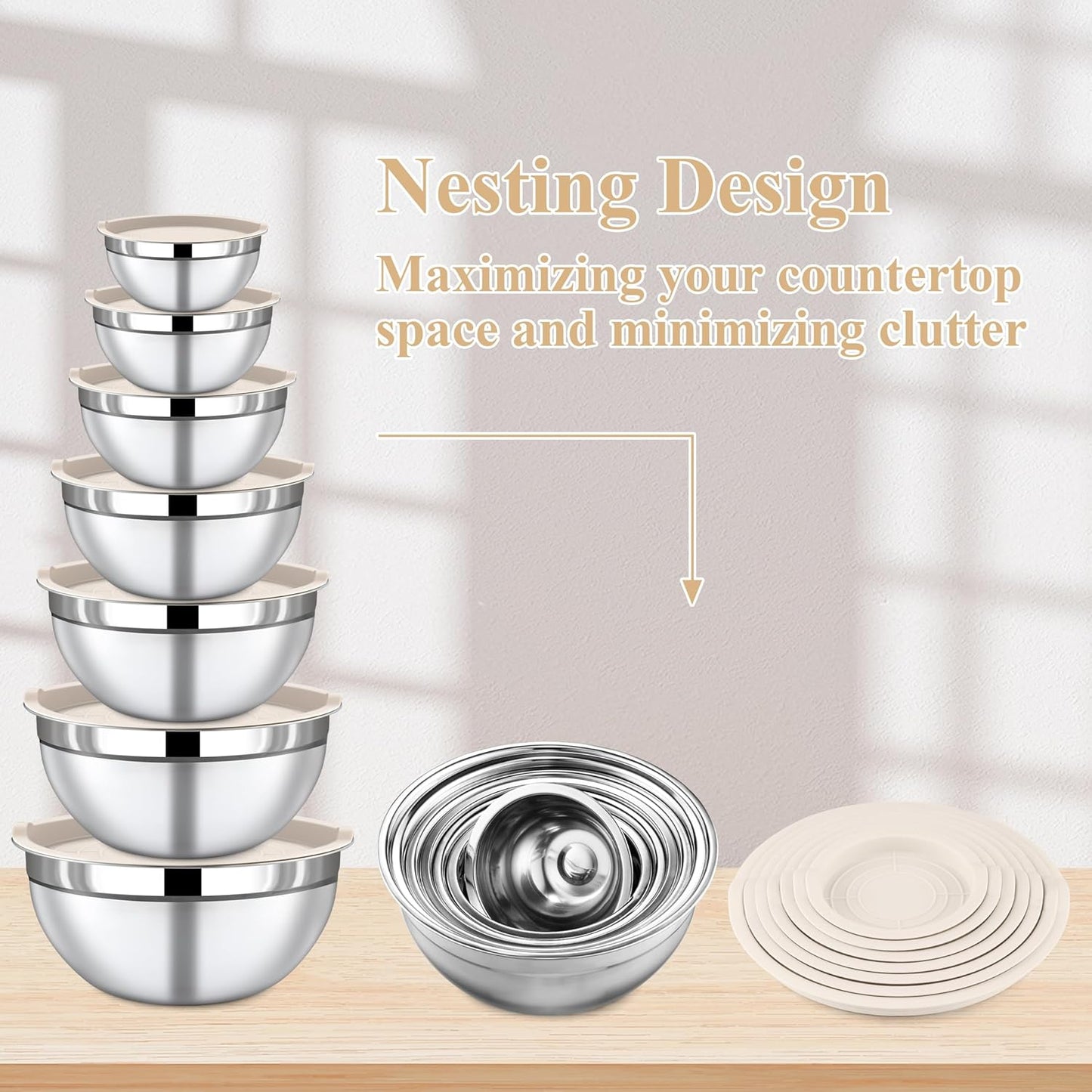 Mixing Bowls with Lids Set - 7 Piece Khaki Nesting Stainless Steel Mixing Bowls for Kitchen, Sizes 4.5, 4, 3.5, 2.1, 1.5, 1.1, 0.7 Qt for Baking, Cooking and Serving, Dishwasher Safe