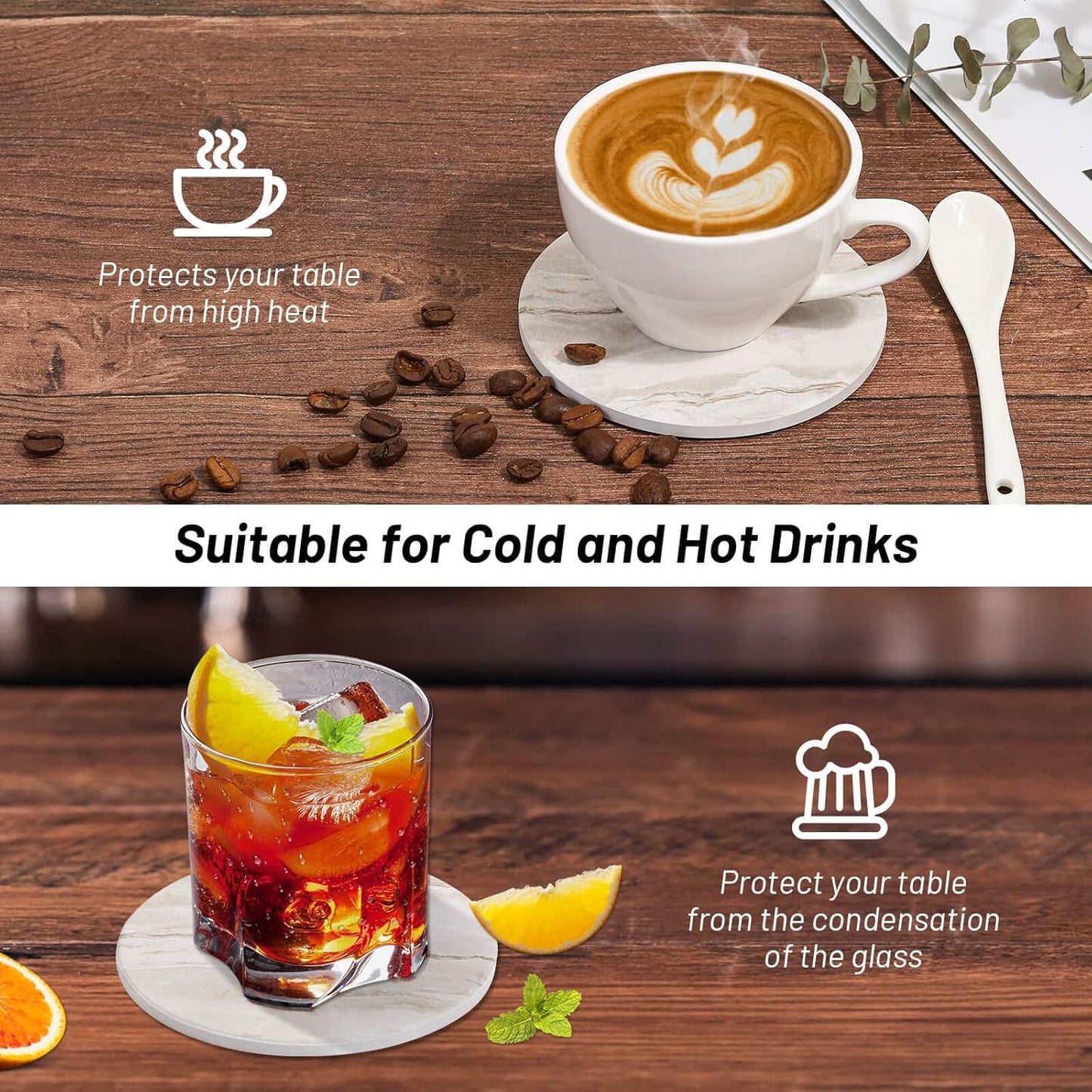 Caffox Coasters Set of 10, Absorbent Drink Coasters with Holder, Marble Style Ceramic Coaster for Wooden Table, Home Decor, 4 Inches(Griege)