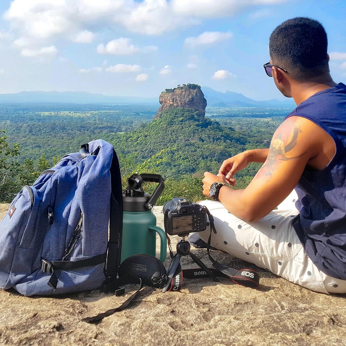 BJPKPK 64oz Insulated Water Bottle with Handle, Large Dishwasher Safe Half Gallon Water Bottle, BPA Free Water Jug, Wide Mouth Metal Water Bottle with Anti-slip Bottom, Keep Cold & Hot, Army Green