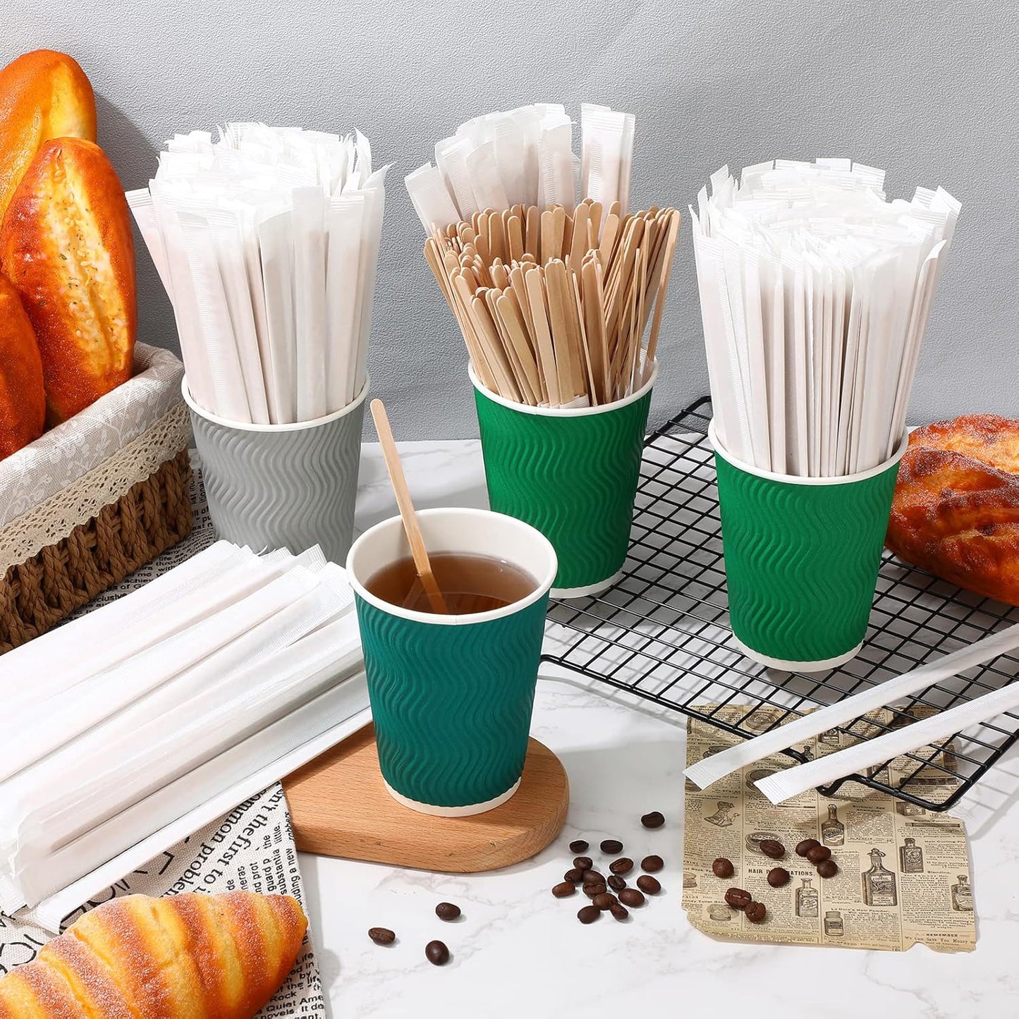 2000 Pcs Individually Wrapped Wooden Coffee Stirrers, Disposable Coffee Stir Sticks Round End Sticks Bulk Wood Stirrers for Cocktail Hot Drinks Restaurant Bar Home Office (7 Inch)