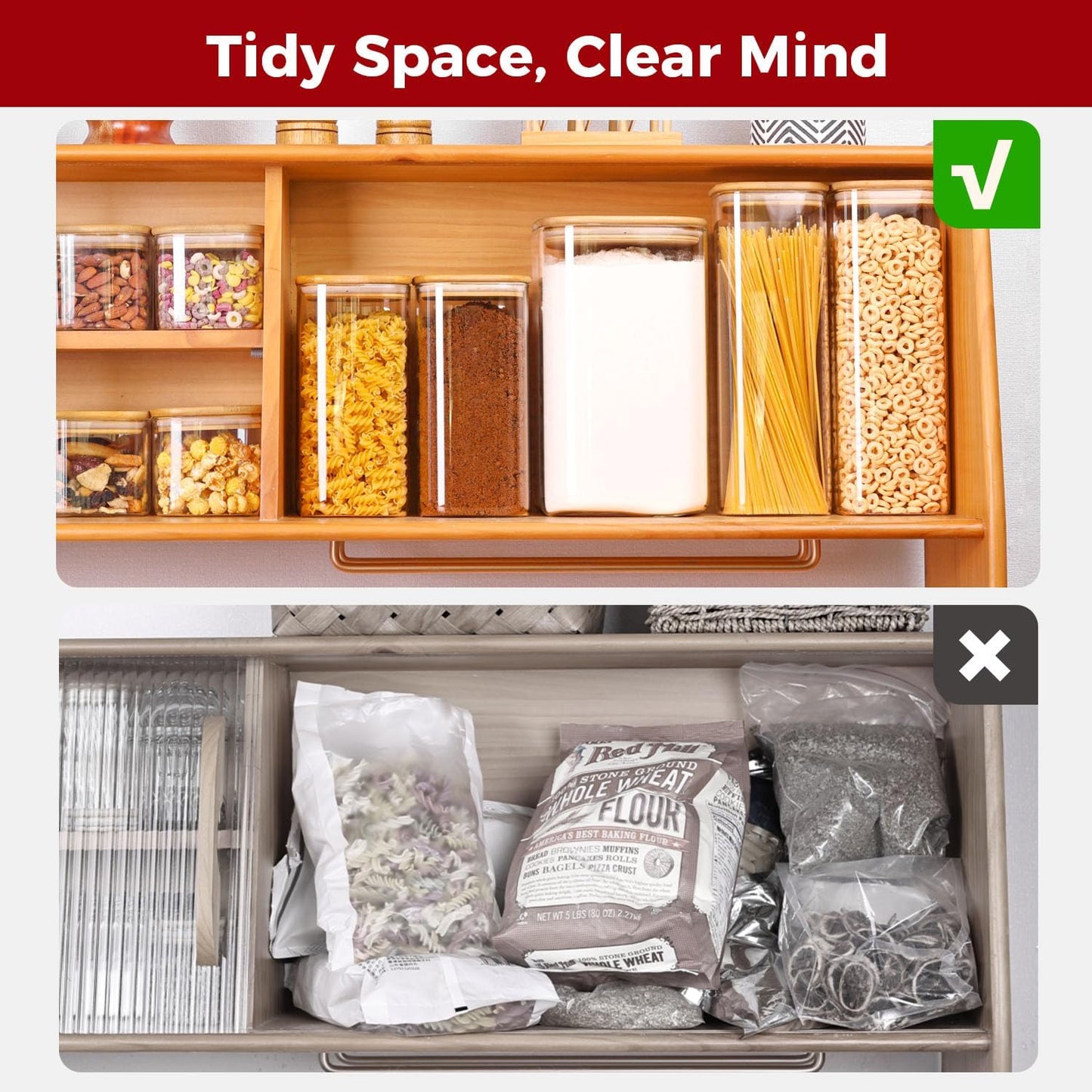 Glass Flour and Sugar Containers, Square Glass Containers with Bamboo Lids, Gallon Jars with Bamboo Lids for Cookies, Coffee Beans (2 pack 1.6/4.6 qt)