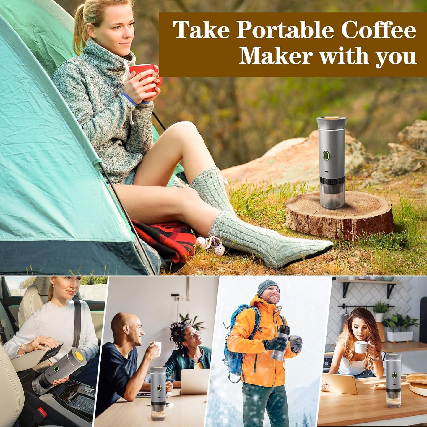 3-in-1 Portable Espresso Maker, Travel Coffee Maker, Self-Heating Car Coffee Maker with USB-C, Small Espresso Machine with Ground Coffee & Capsules (NS&DG) for RV, Hiking, Office (silver)