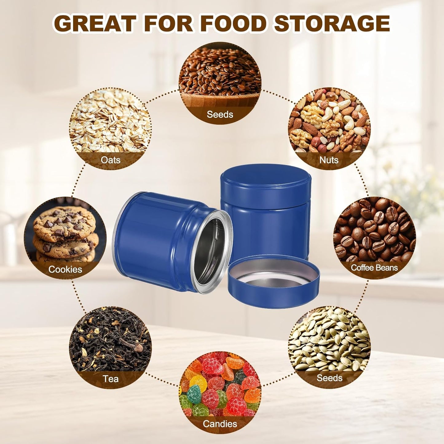 uxcell 2Pcs Round Tea Canisters, 3" x 3" Airtight Metal Tea Containers for Loose Tea, Coffee Beans, Spices - Durable, Compact, and Stylish Storage Tea Tin (Blue)