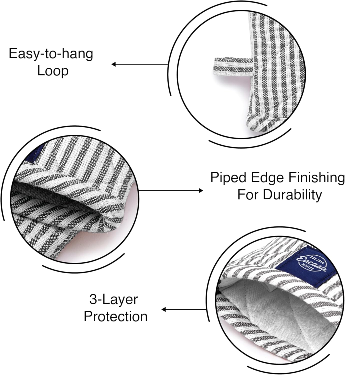 Encasa Homes Long 12"x7" Oven Microwave Hand Gloves Mitts (2 pc Set) for Kitchen Cooking & Baking - Heat Resistant, Thick & Safe, Protection of Hands from Hot Utensils - Ticking Black