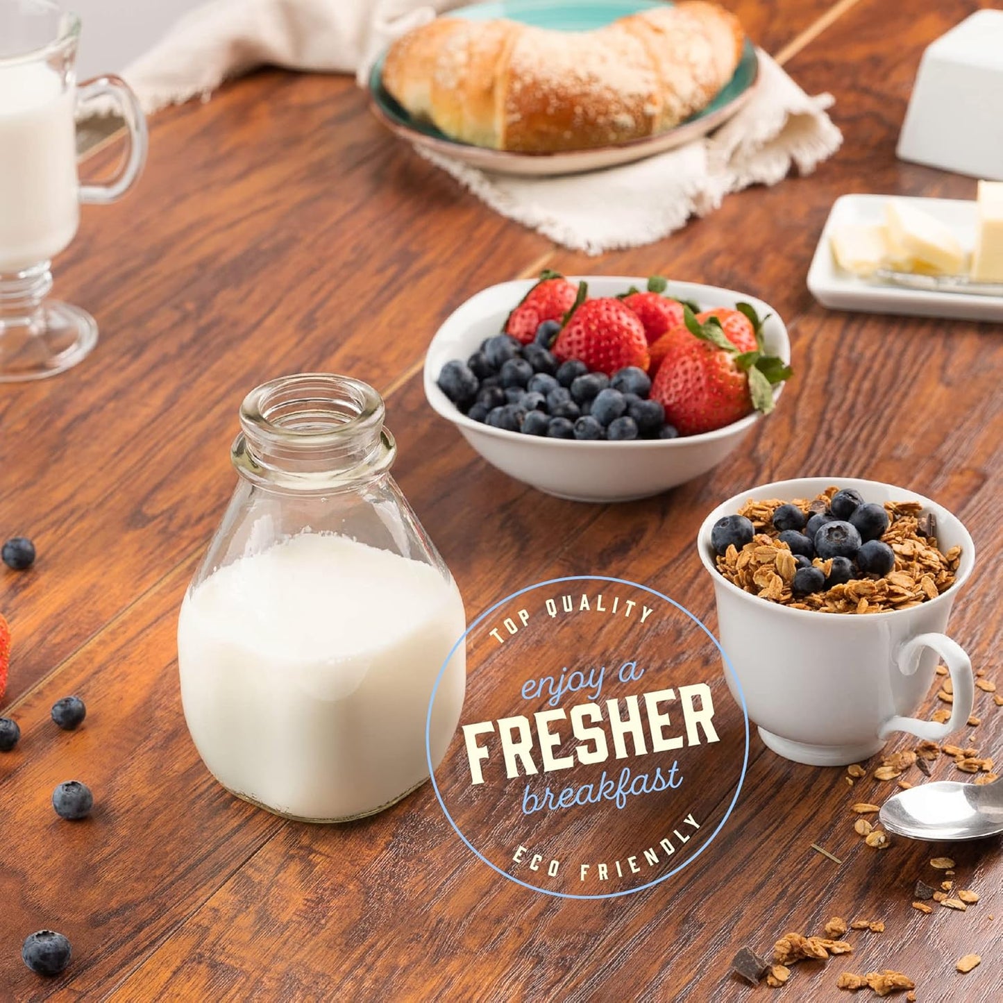 kitchentoolz 16 Oz Glass Milk Bottle with Lid - 16 Ounce Short and Wide Glass Milk Container for Refrigerator with Tamper Proof Lid and Pour Spout - Pack of 2