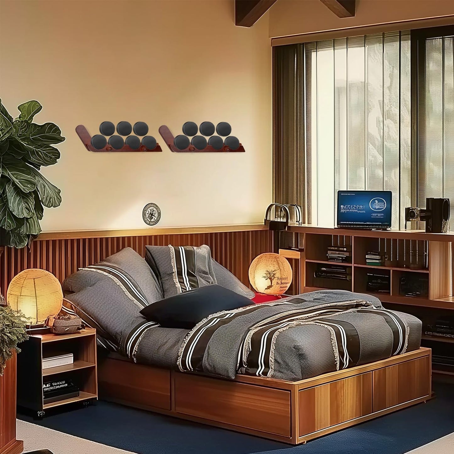 2 Pack Hockey Puck Display Case for Father's Day Gifts, Wooden Wall Mount Holder with Hooks - Hockey Puck Holder Living Room Stick Decor Accessory for Player Team Gift - Brown