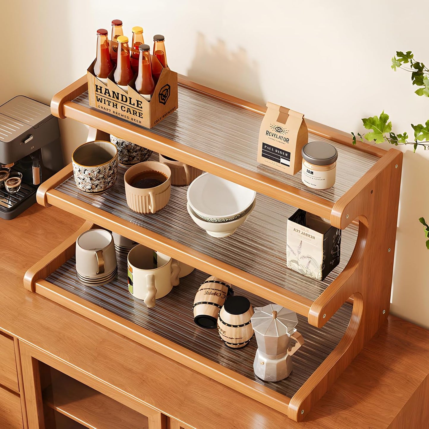 Coffee Station Organizer 3 Tier Coffee Mug Shelf Bamboo Cup Holder Acrylic Home Storage Mugs Hooks for Kitchen Countertops, Tea Bar Accessories, Matcha Stand, Cups, Condiment Storage Rack