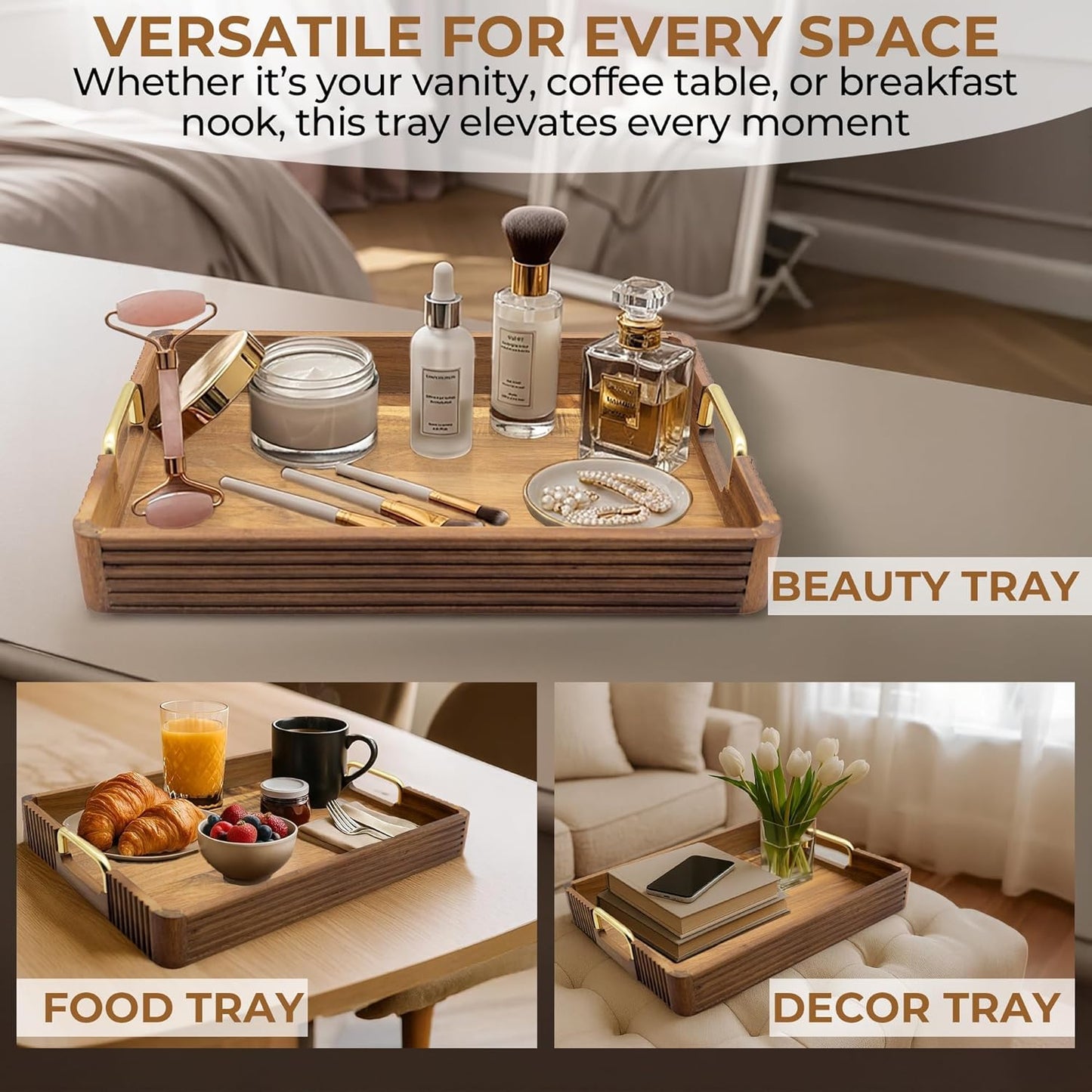 Acacia Wood Serving Tray with Metal Handles – 17x12in Rustic Decorative Ottoman & Coffee Table Tray for Breakfast in Bed, Dinner, Bar, Kitchen, Home Décor & Entertaining