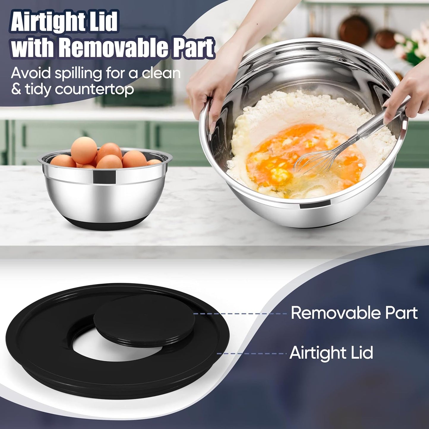 E-far Stainless Steel Mixing Bowls with Lids Set, 5-Piece Nesting Salad Bowls with 3 Grater Attachments and Non-Slip Bottoms, Size 4.6, 2.6, 2, 1.5, 1QT for Kitchen (Black)