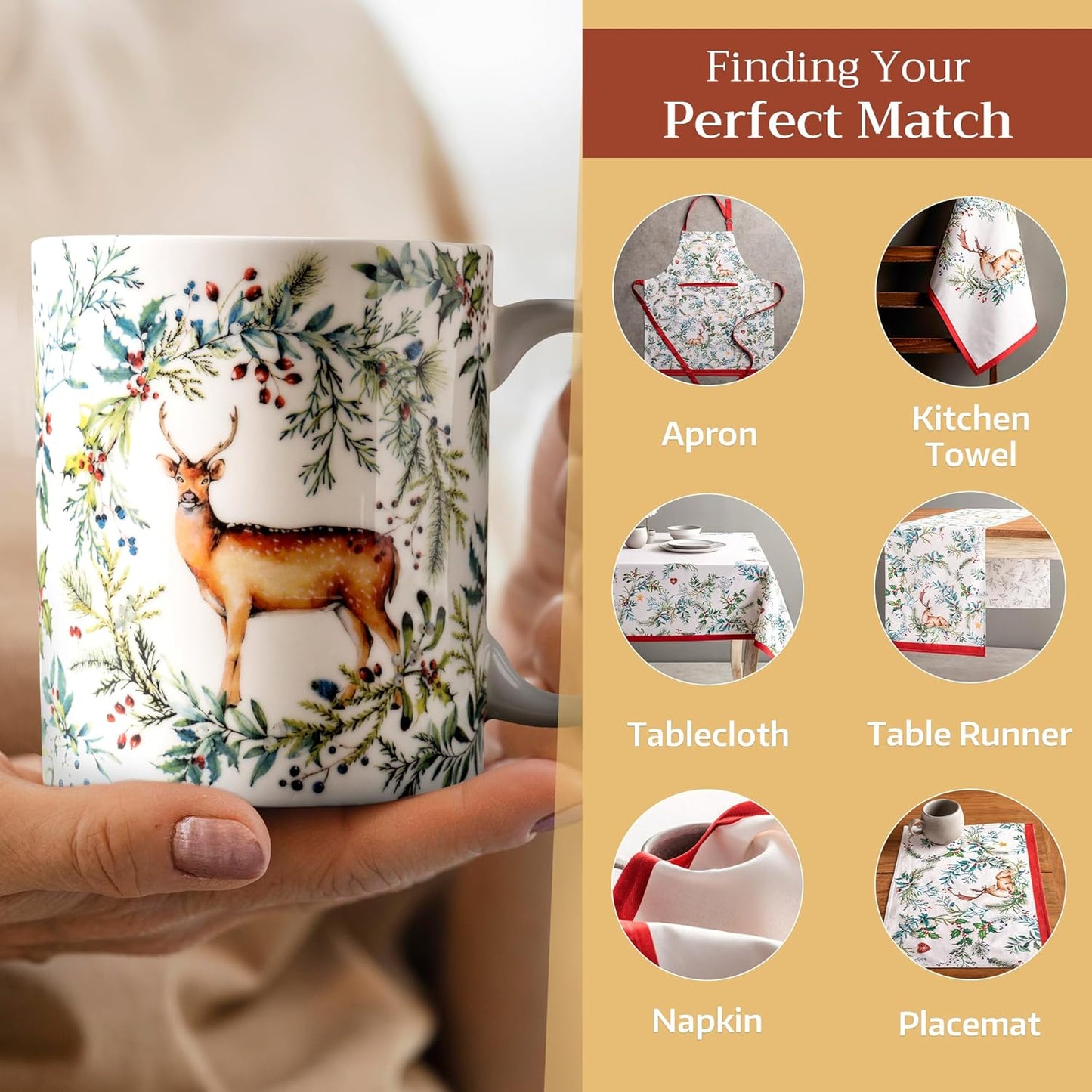 Maison d' Hermine Coffee Mug with Handles Fine Bone China Mugs Pack of One Tea Cups for Hot Beverages Cappuccino Latte Home Restaurant Office Perfect for Gift (Holly Time - Biche, 12 Ounce)