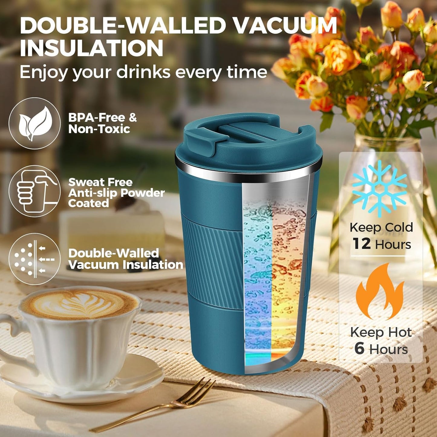 Volhoply 13 oz Stainless Steel Insulated Travel Coffee Mug with Fip Lid Bulk 4 Pack,Reusable Double Wall Vacuum Metal Coffee Cup,Portable Leak Proof Thermal Tumbler for Hot & Cold Drinks(Bule,4)