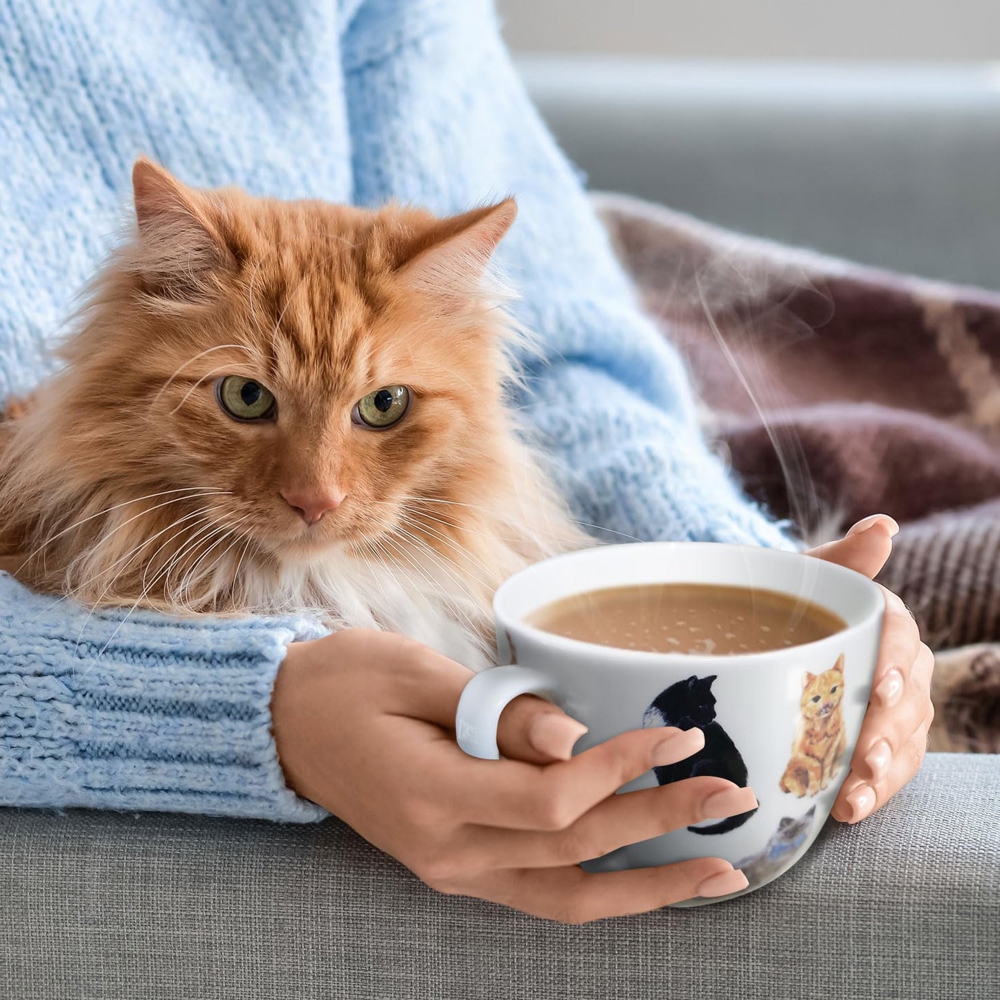 Cute Cat Mugs for Daily Coffee and Tea, Premium 20 oz Bone China Coffee Tea Hug Mug, Perfect Holiday and Birthday Gift for Cat Lovers, Designed in England by Harvest Green Studio