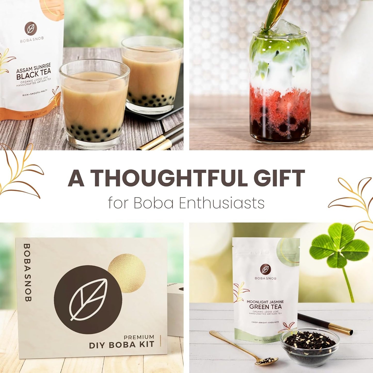 Boba Snob Boba Tea Making Kit, Bubble Tea Kit with Boba Gift Set, Boba Tea Maker Kit with 5 Premium Loose Leaf Teas, Tumbler, Two Stainless Steel Boba Straws, Teaspoon, and Tapioca Boba Pearls (Small)