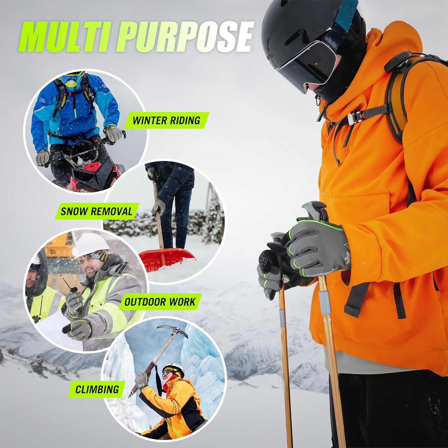 HANDLANDY Waterproof Insulated Work Gloves, 3M Thinsulate Thermal Winter Gloves for Men Women Touch Screen, Warm Ski Snowboard Cold Weather Gloves (Green-men Size, Small)