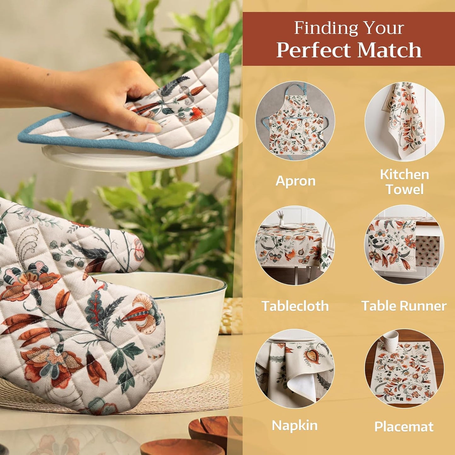 Maison d' Hermine Oven Gloves 100% Cotton Oven Mitt 7" x 13" with Loop Heat Resistant, BBQ, Cooking Gloves, Baking, Grilling, Kitchen, Handling Hot Pans (Pack of 1, Dalida)