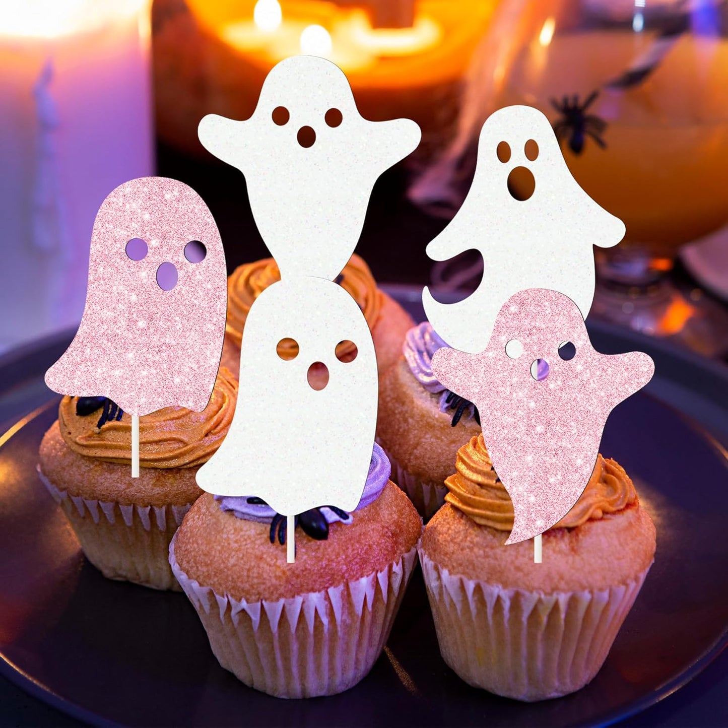 Halloween Ghost Cupcake Decoration 24Pcs Ghost Cupcake Toppers Double Sided Glitter White Pink Halloween Birthday Baby Shower Supplies for Ghost Boo Theme Party Cake Decor
