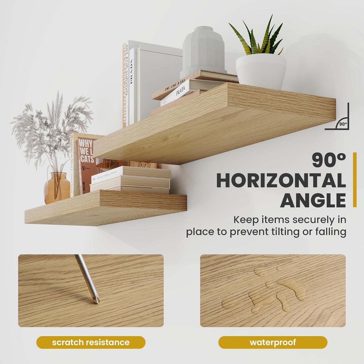 24 Inch Floating Shelves, 9.3" Deep Floating Shelf Wall Mounted, 24" Wall Shelves, Rustic Deep Bookshelf, Large Display Shelves & Storage Shelves for Bedroom, Living Room, Oak, Set of 2