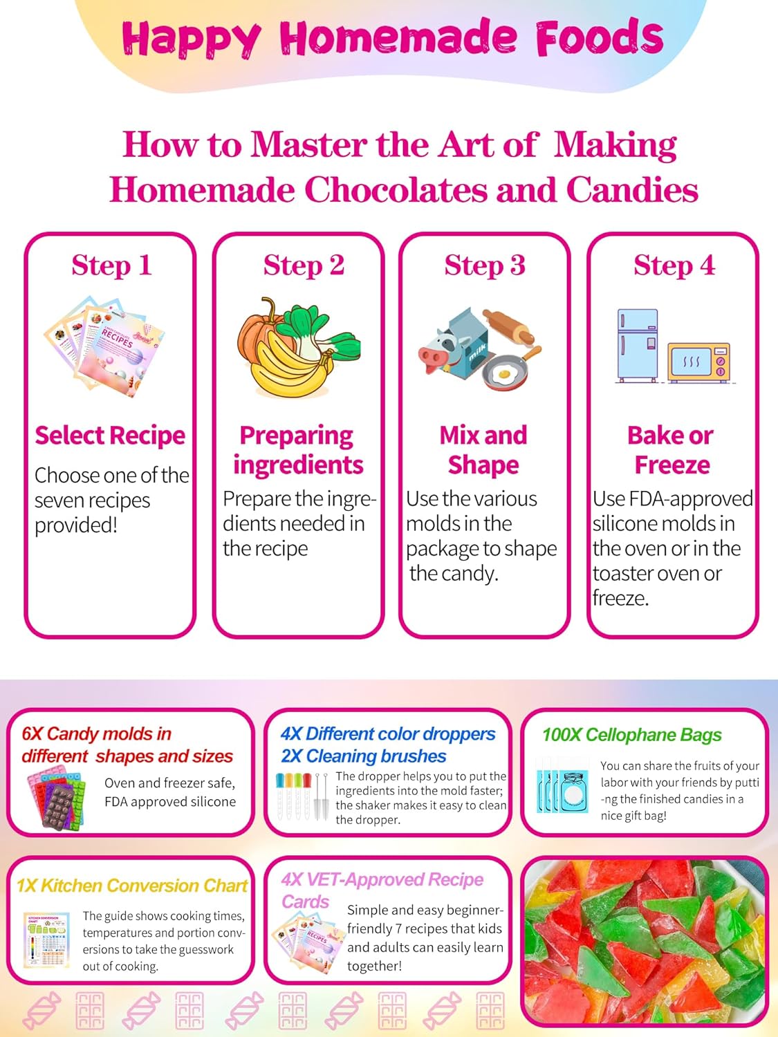 117Pcs Silicone Gummy Bear Molds Kit with 100 Wrappers, 5 Recipe Cards, 4 Droppers & 2 Brushes,Non-Stick Candy Mold for DIY Chocolate, Gummy Bears, Party Favors (Dinosaur, Bear, Fruits, Donut Shapes)