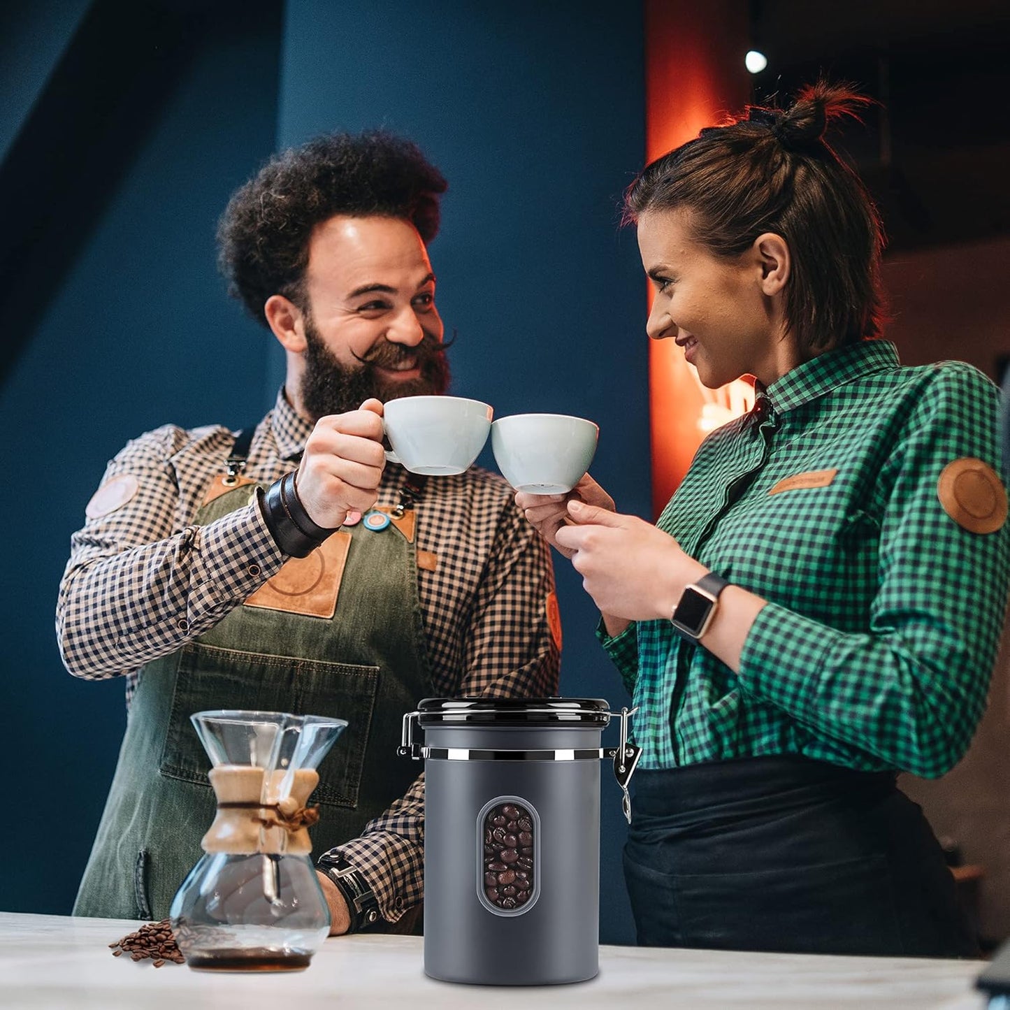 1500ML Airtight Coffee Canister with Date Tracker&Transparent Window, 18OZ Coffe Beans Storage with 30ML Measure Spoon&4 co2 Valve, Coffee Container for Grounds Coffee, Beans, Tea, Sugar, Flour(Gray)