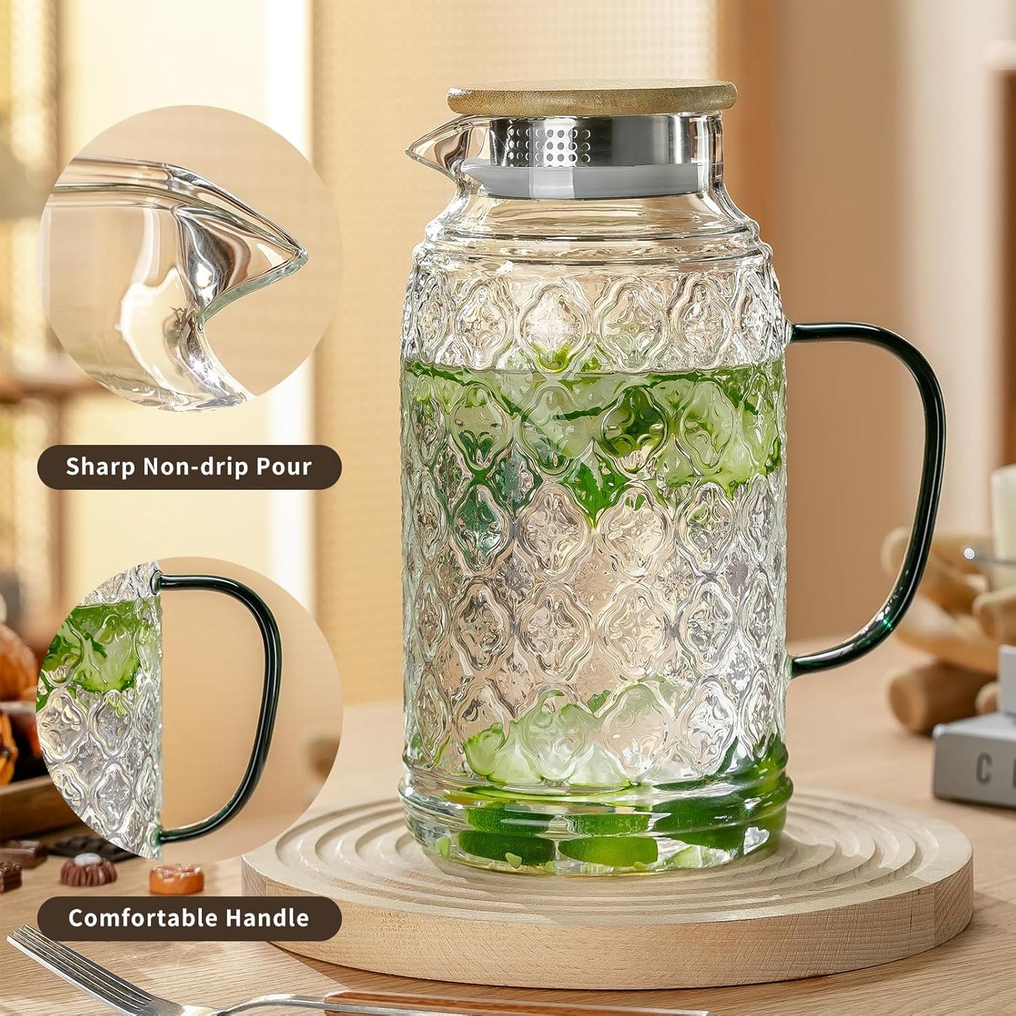 Glass Pitcher with Lid, 2 PACK 68 oz/2 Liter Vintage Water Pitcher With Serving Tray, Clear Borosilicate Glass Water Carafe for Cold Brew, Coffee, Lemonade, Iced Sun Tea,Beverage, Heat Resistant