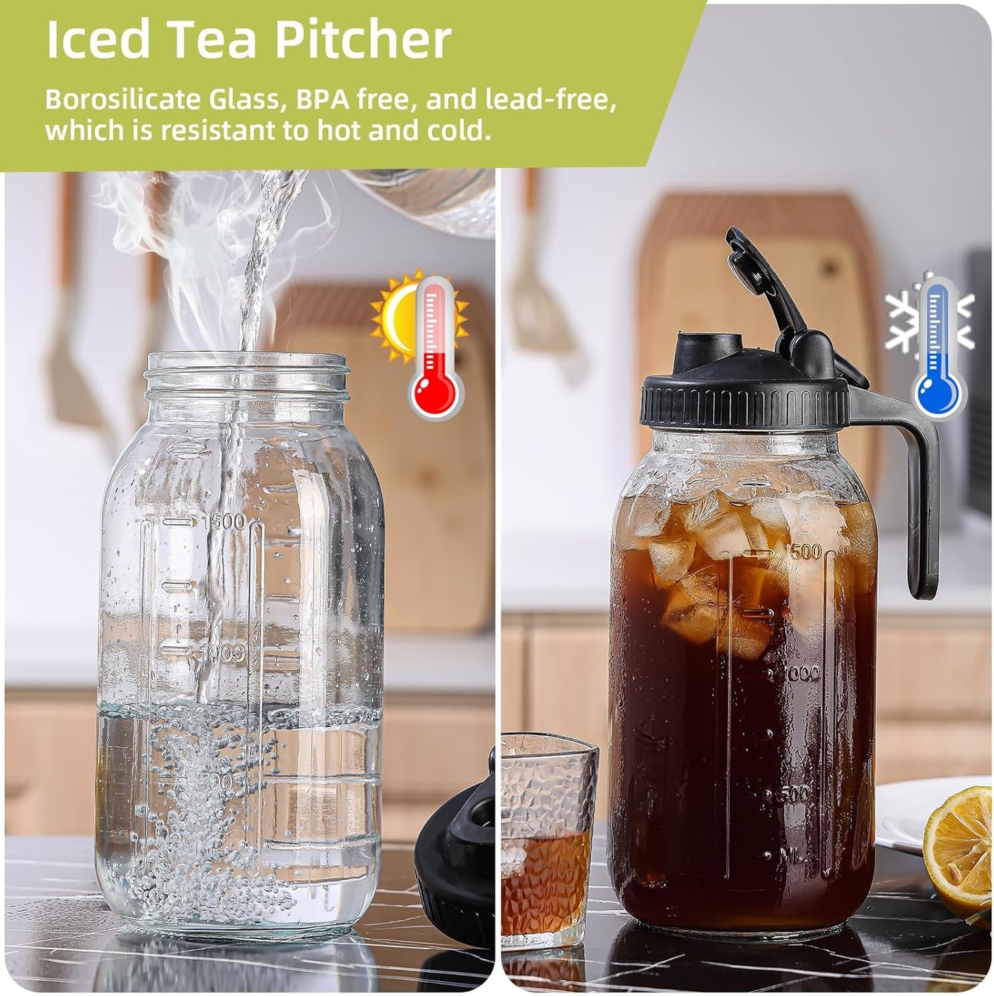 2 Quart Glass Pitcher with Lid for Fridge, Cold Brew Coffee Maker 64 oz, 2 Pack Airtight Leakproof Iced Tea Pitcher with Stainless Steel Filter, New Years Gifts for Friends (Black & Gray)