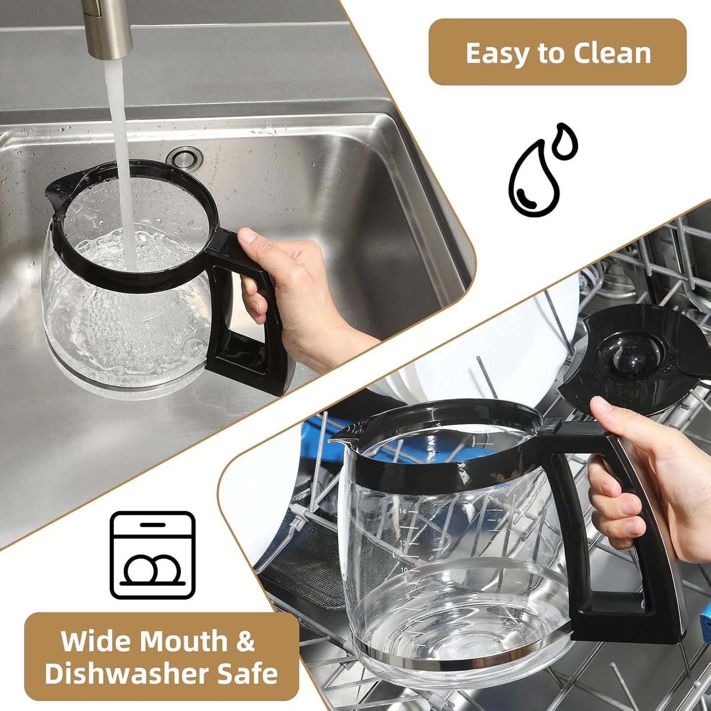 14-Cup Glass Coffee Carafe Replacement Compatible with Cuisinart Models DCC-3200P1, DCC- 3200, DCC-2200RC, Coffee Pot Replacement 14 Cup with Ergonomic Handle and Dripless Spout