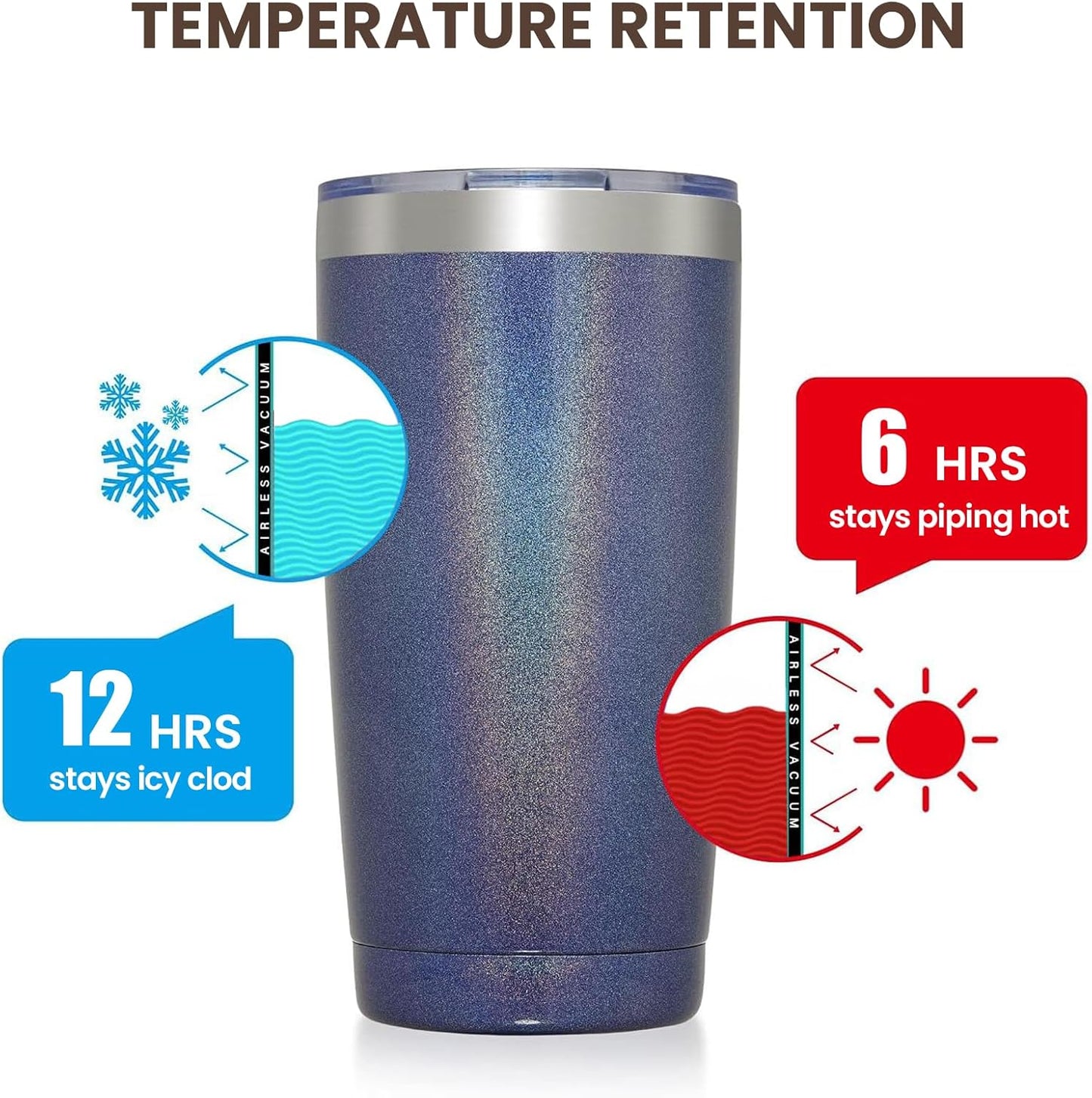 MEWAY 20oz Tumbler 12 Pack Double Wall Vacuum Insulated Travel Glitter Mug Bulk, Stainless Steel Tumblers with Lid and Straw, Powder Coated Coffee Cups for Woman(Rainbow Navy,Set of 12)