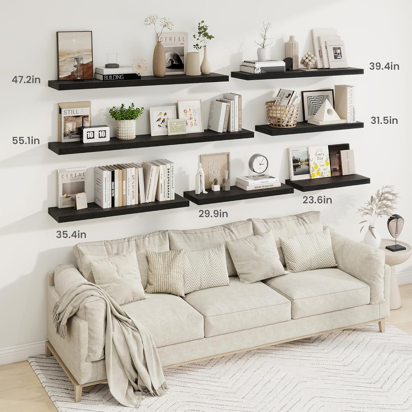 Fun Memories 40" Rustic Wood Floating Shelves with Invisible Brackets for Storage & Decor, Deep Wall Mounted Shelves for Bathroom, Kitchen, Living Room (Black, Set of 2)