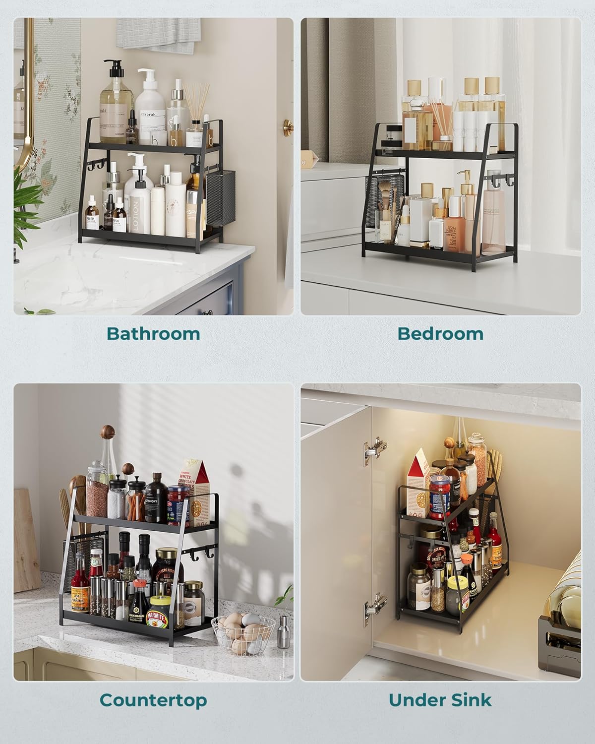 OROPY 2 Tier Spice Rack for Countertop, Metal Standing Kitchen Storage Organizer Shelf, Counter Shelf for Cabinet,Pantry,Bathroom,Bedroom, with Hanging Basket