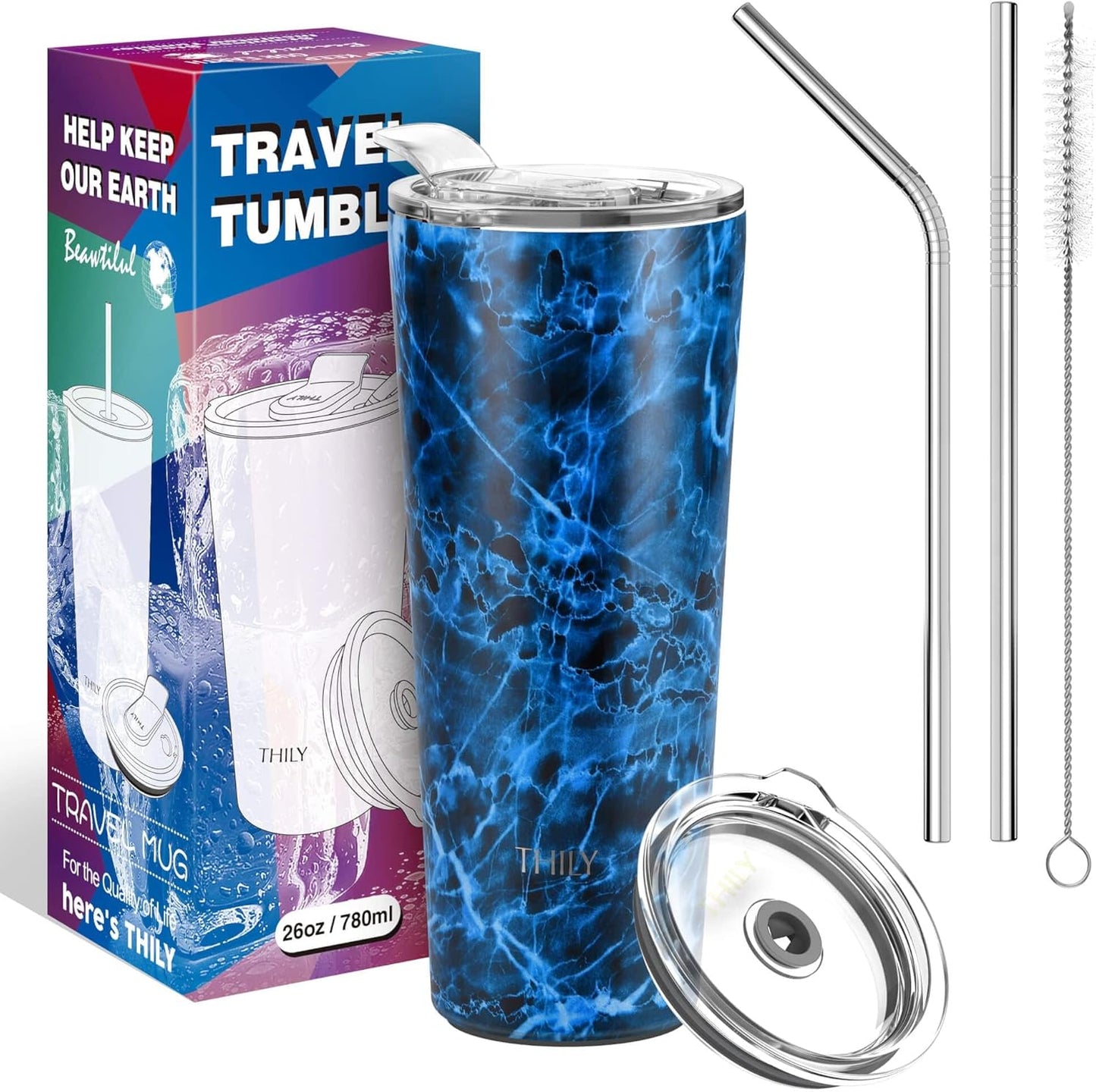 THILY Tumbler Stainless Steel Coffee Cup 26 oz Triple-Insulated Wide Mouth Travel Mug with Splash-Proof Lid, for Iced Drinks and Hot Beverage Smoothies Cup, Abysmal Sea