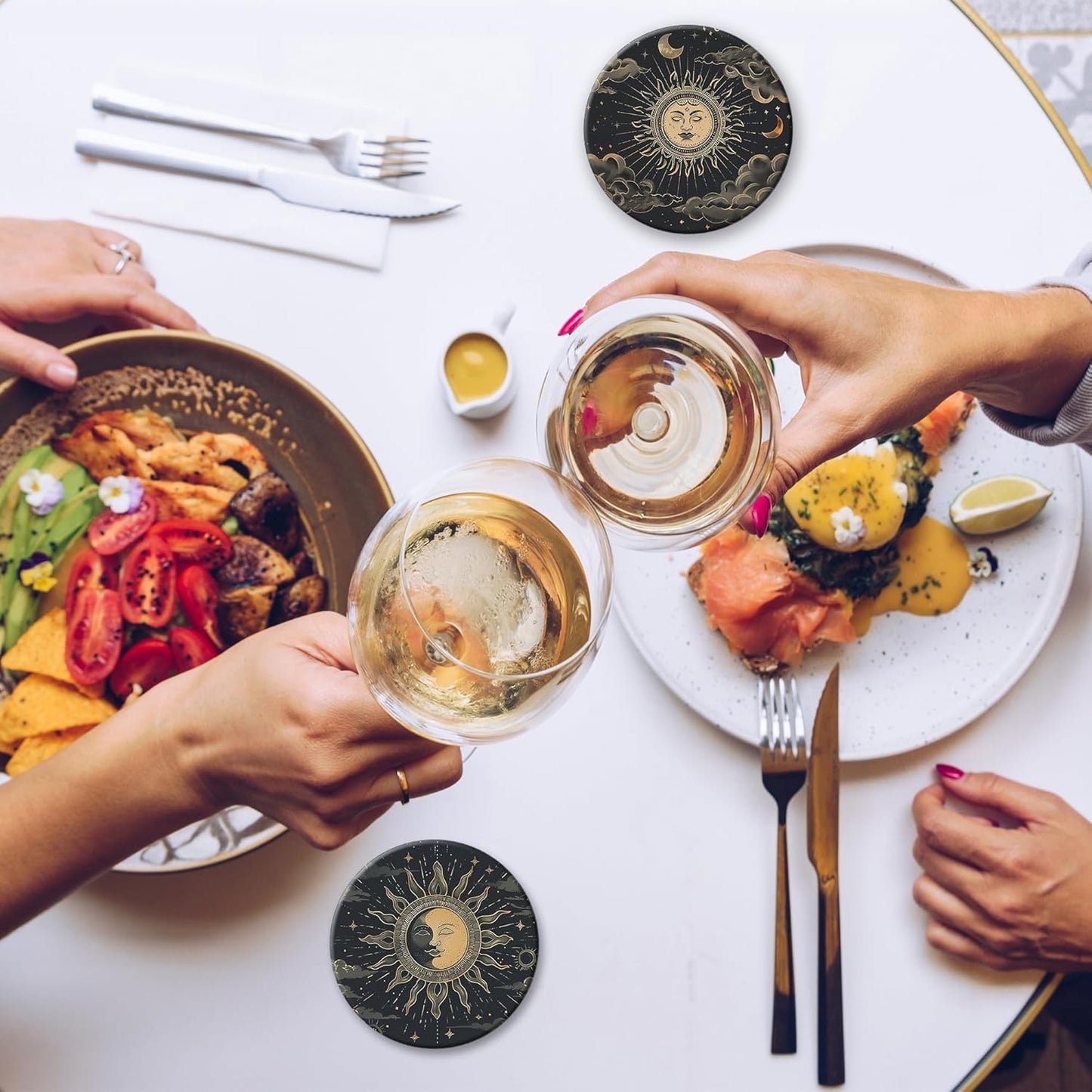 Drink Coasters Set of 6 with Holder, Gold Sun Moon Clouds Stars Absorbent Ceramic Coasters with Cork Base,Fit All Cups,Great Gift for Housewarming,Room Decor,Bar,Holiday Party