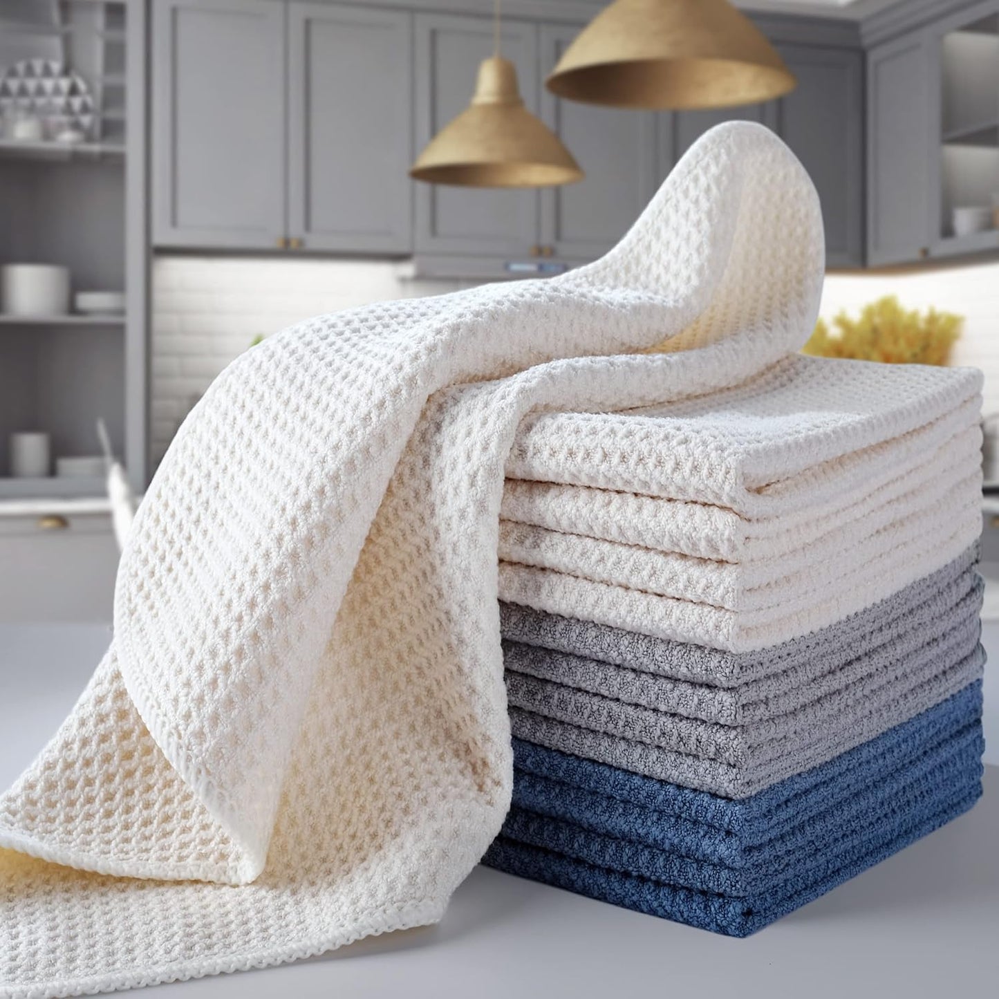 POLYTE Premium Microfiber Kitchen Dish Cloth Waffle Weave 12 Pack (12x12 in, Dark Blue, Gray, Off White)
