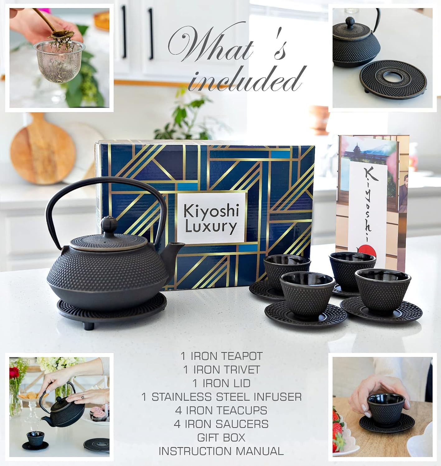 Large 11PC Japanese Tea Set "Gashu Black" Cast Iron Tea Pot 26Oz with 4 Tea Cups (2Oz each), 4 Saucers, Loose Leaf Tea Infuser and Trivet Ceremonial Matcha Accessories