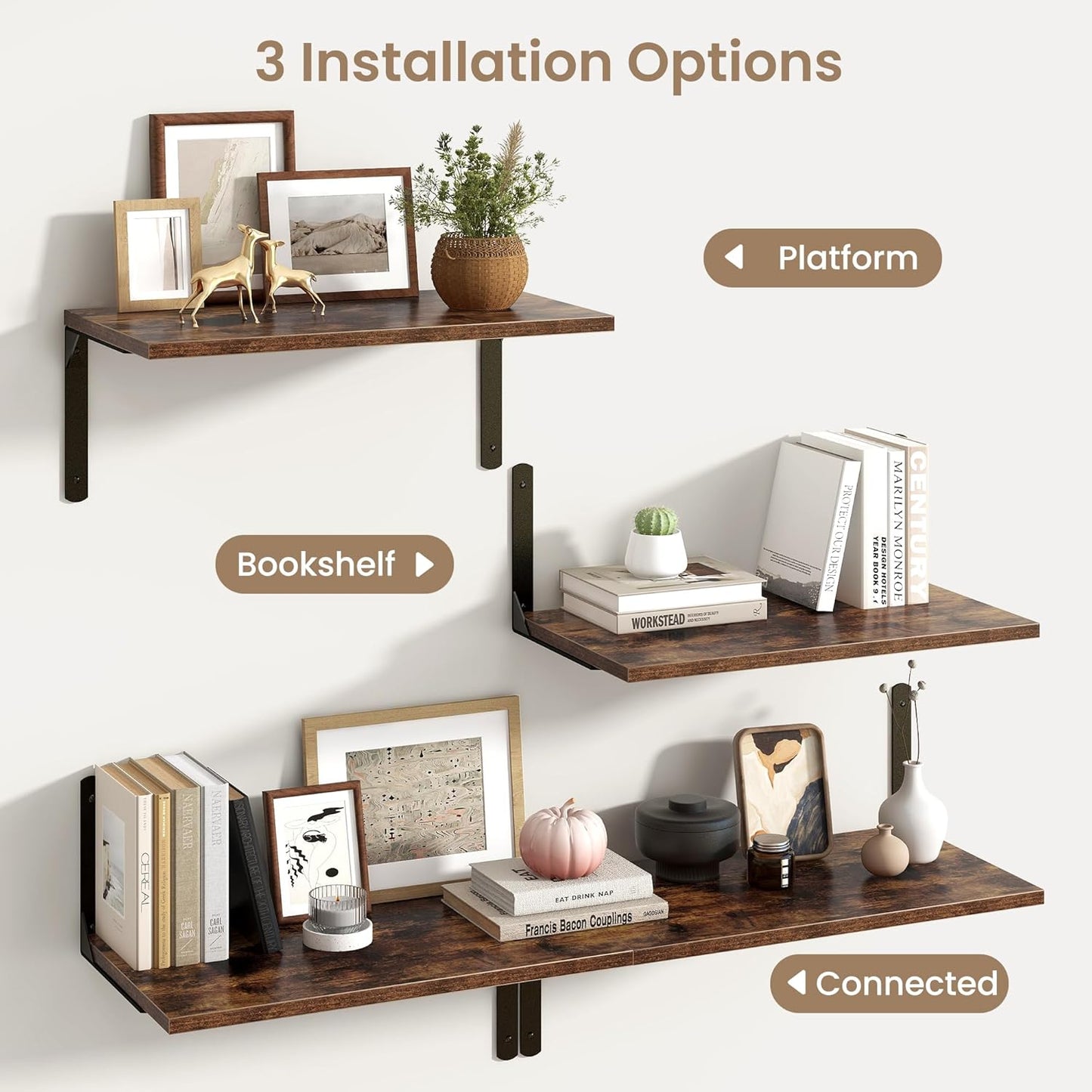 Floating Shelves for Wall, 12 Inch Deep Floating Shelves Set of 2, Wall Mounted Shelf with Metal Brackets, Rustic Wood Wall Shelf for Bathroom, Kitchen and Living Room, Rustic Brown, 24W x 12D