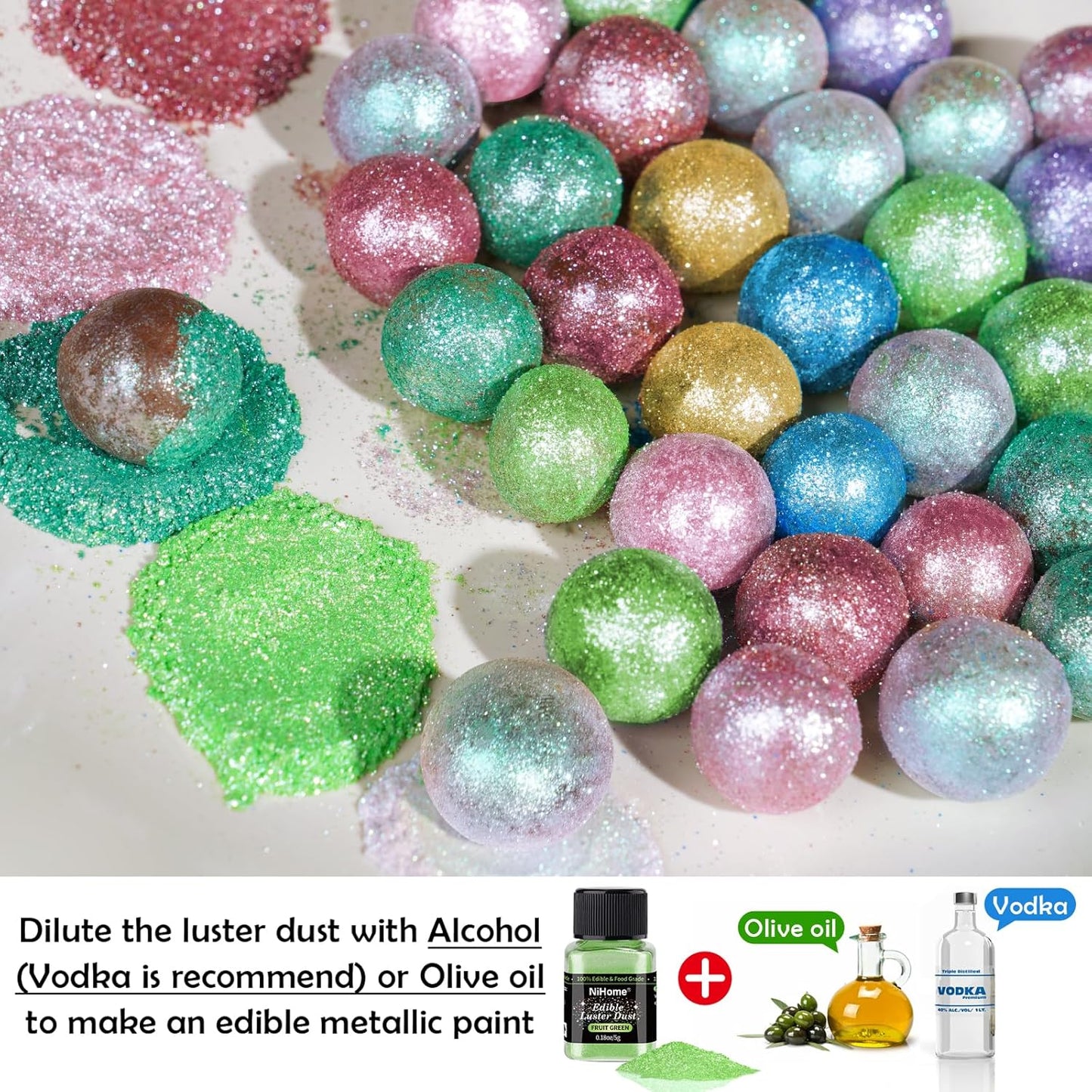 NiHome Edible Food-Grade Glitter Powder Glimmer Luster Dust Metallic Fancy Food Decorating Sprinkle Glimmery Dust for Drink Wine Beverage Cake Bakery Vegan Allergen-Free (Fruit Green, 0.35oz/10g)